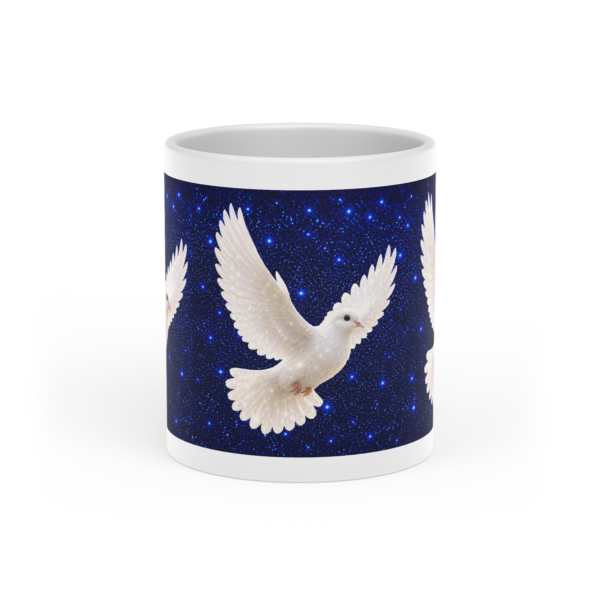 White ceramic heart-shaped handle mug featuring elegant white doves flying across a deep midnight-blue starry sky with vibrant wraparound artwork.