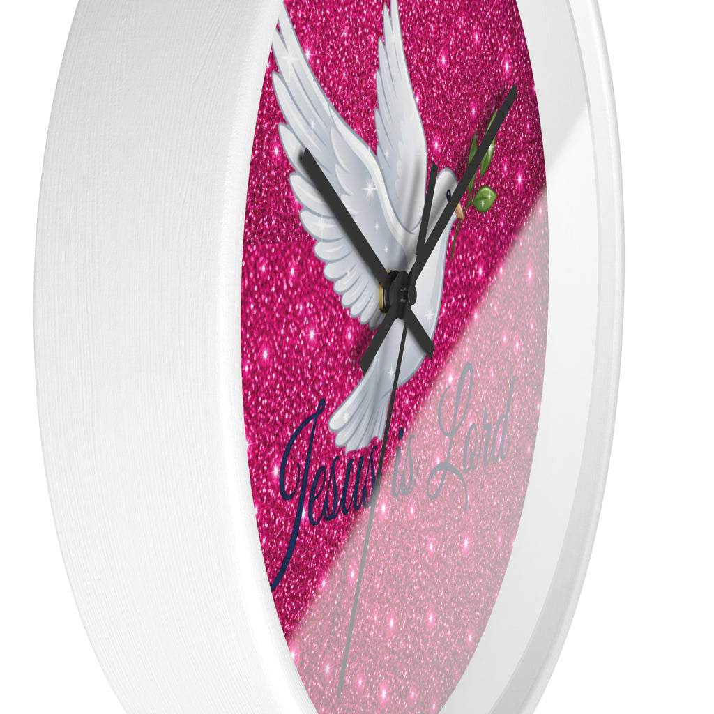 Jesus Is Lord Wall Clock | Pink Glitter Dove Christian Wall Decor | Silent Faith Clock