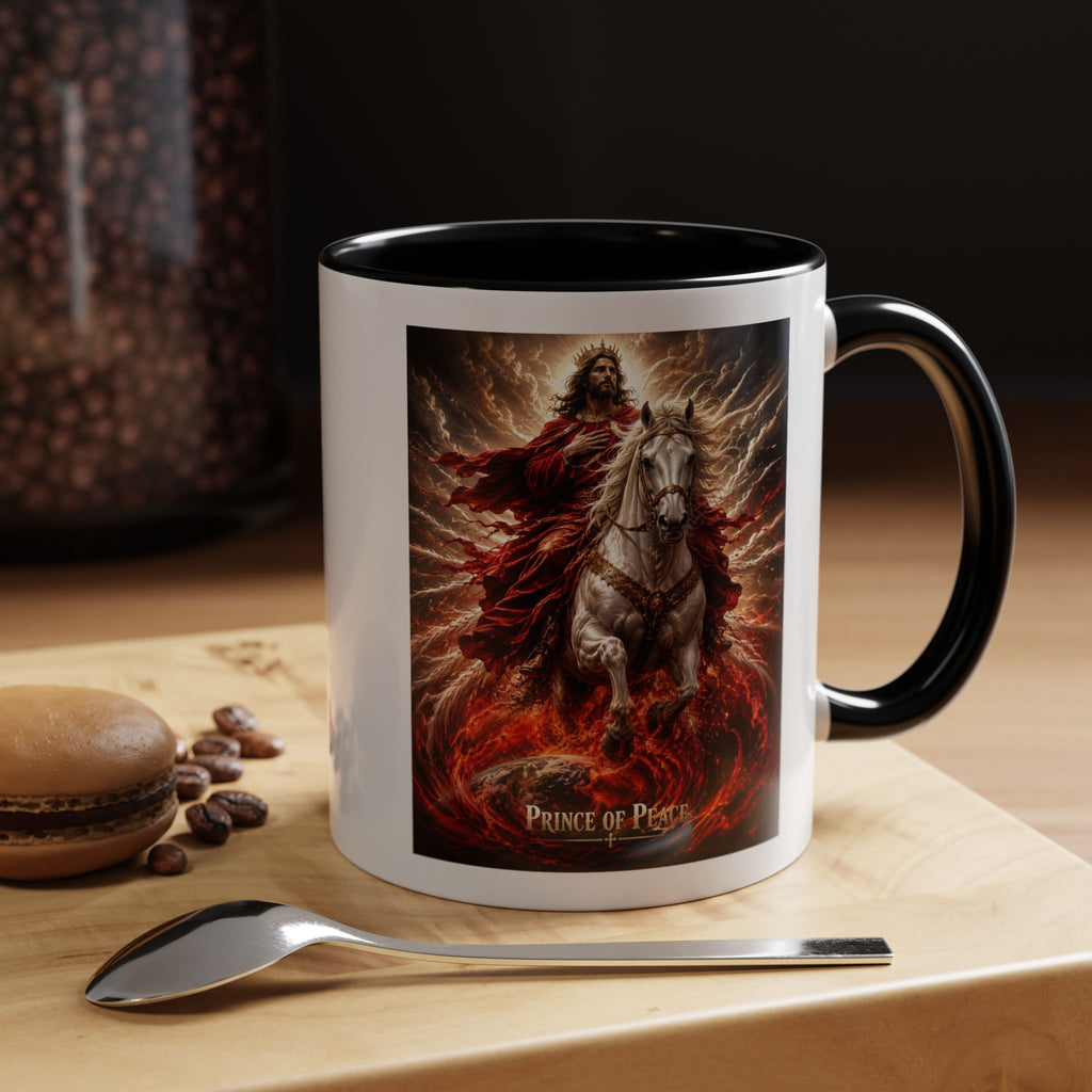 Inspirational Christian coffee mug featuring Jesus riding a white horse surrounded by radiant heavenly light with Prince of Peace artwork and colorful accent handle and interior.