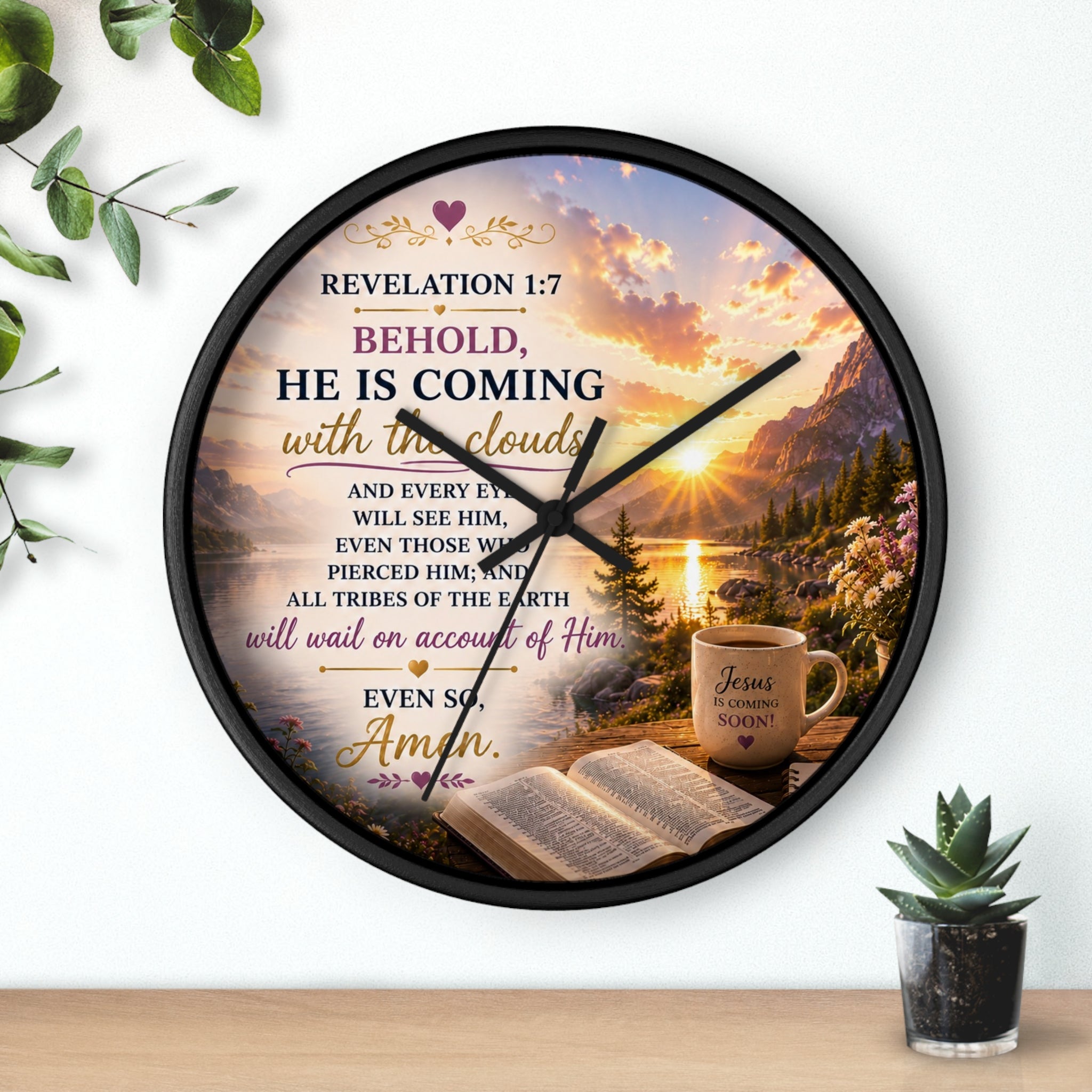 Inspirational Christian wall clock featuring a sunrise over water with an open Bible, steaming mug, and Revelation 1:7 scripture “Behold, He Is Coming.”