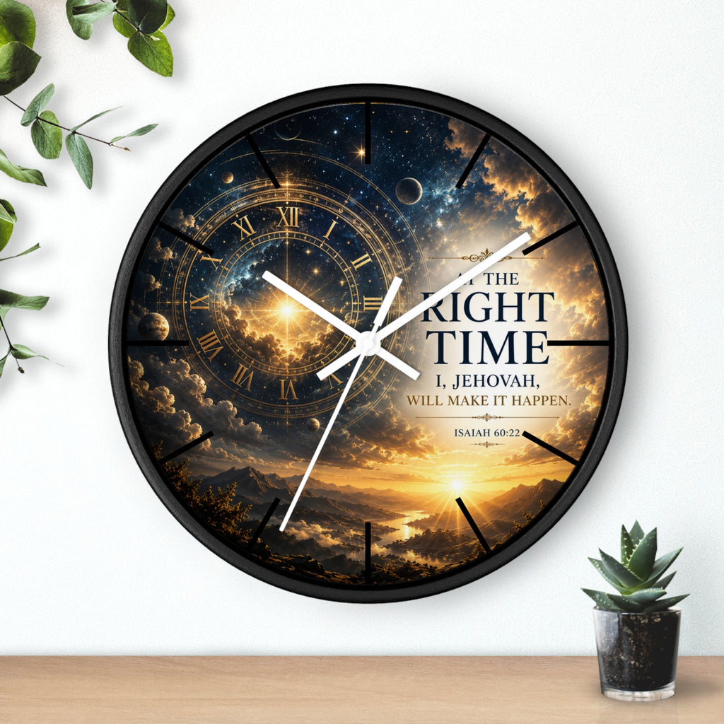 Bring peaceful encouragement into your home with this Isaiah 60:22 wall clock featuring celestial artwork, a golden sunrise, silent movement, and the comforting promise: “The Right Time, I Jehovah Will Make It Happen.”