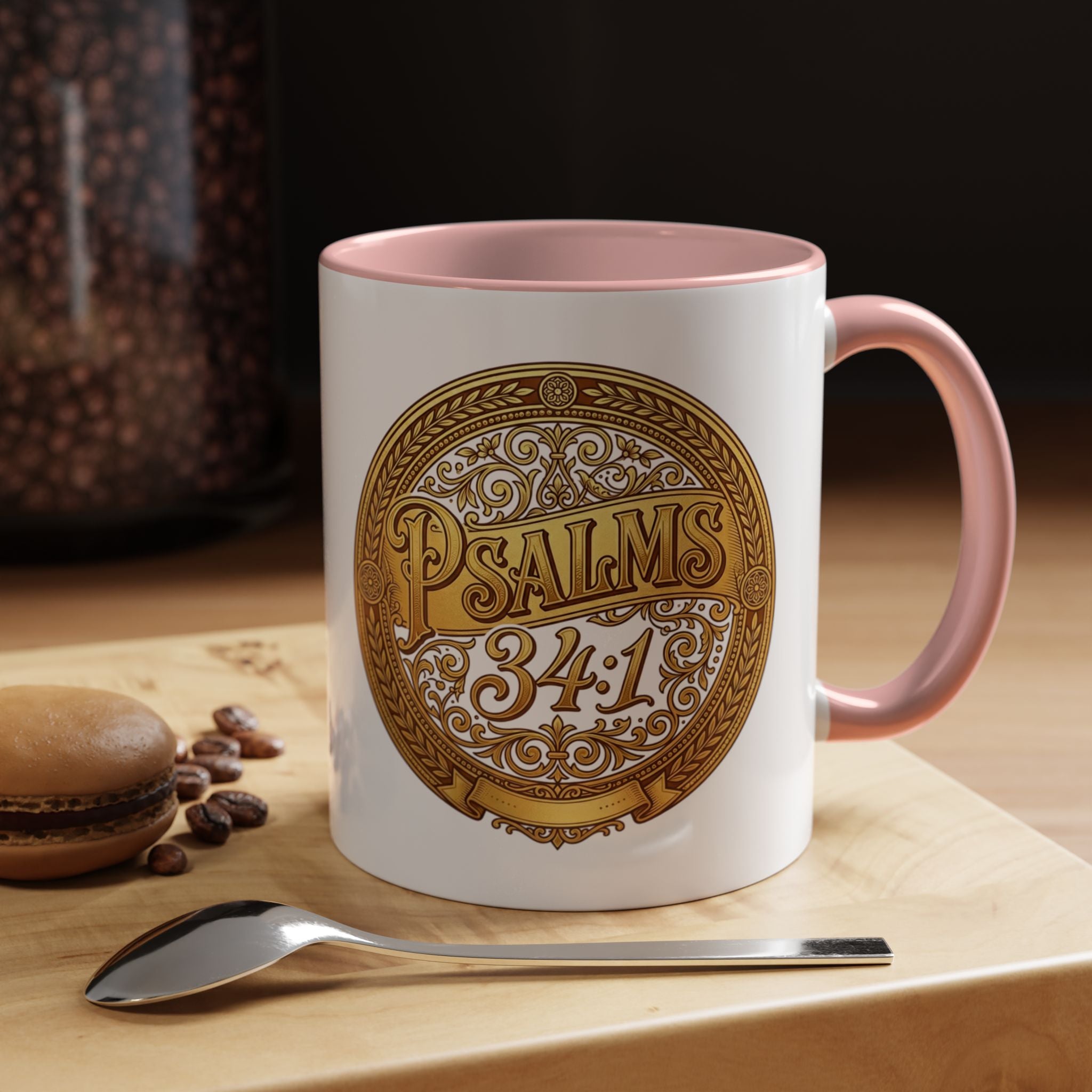 Inspirational Christian ceramic accent coffee mug featuring Psalm 34:1 in an ornate gold medallion design with colorful handle and interior accents.