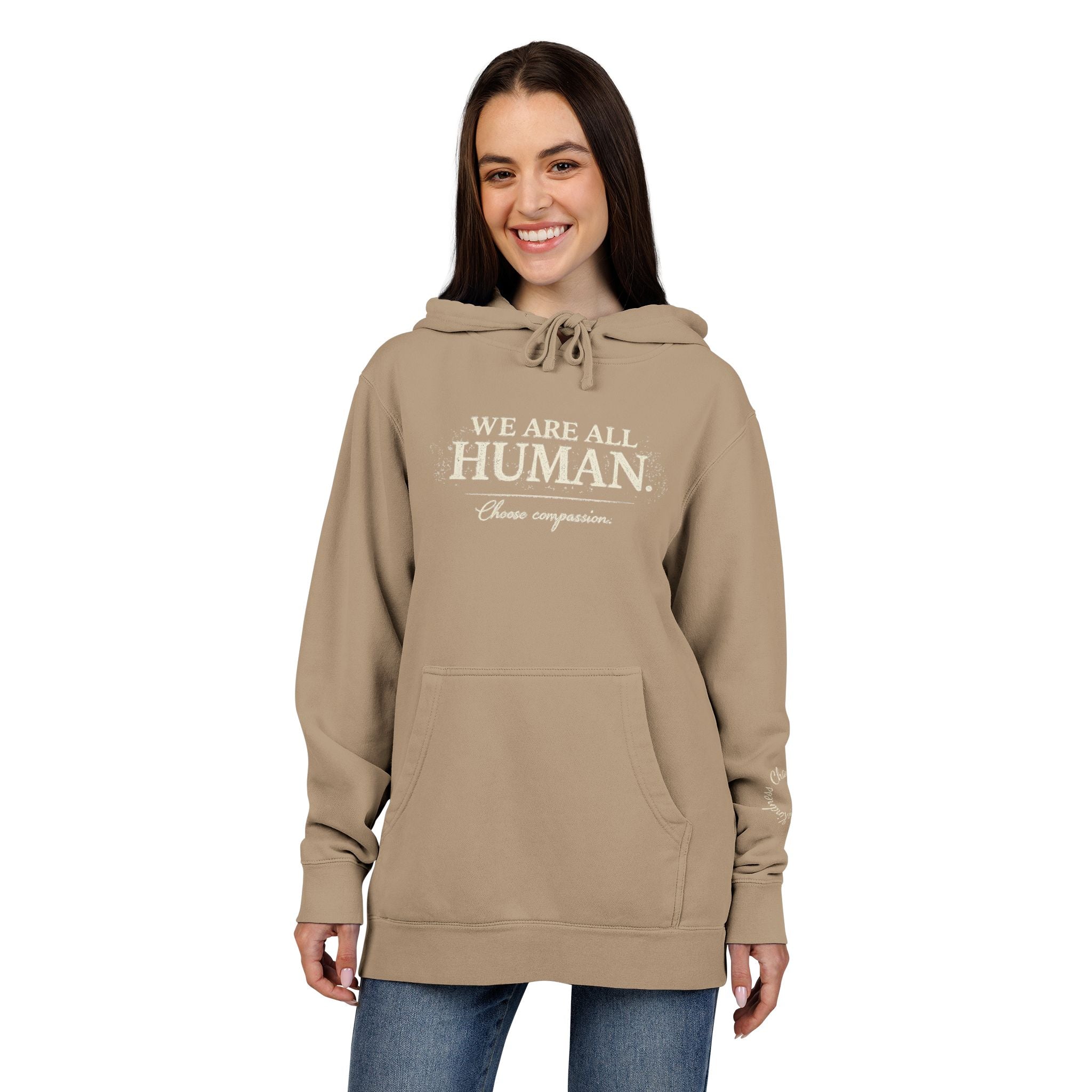 “We Are All Human” Pigment-Dyed Hoodie – Inclusive Comfort Pullover | Inspirational Minimalist Hoodie