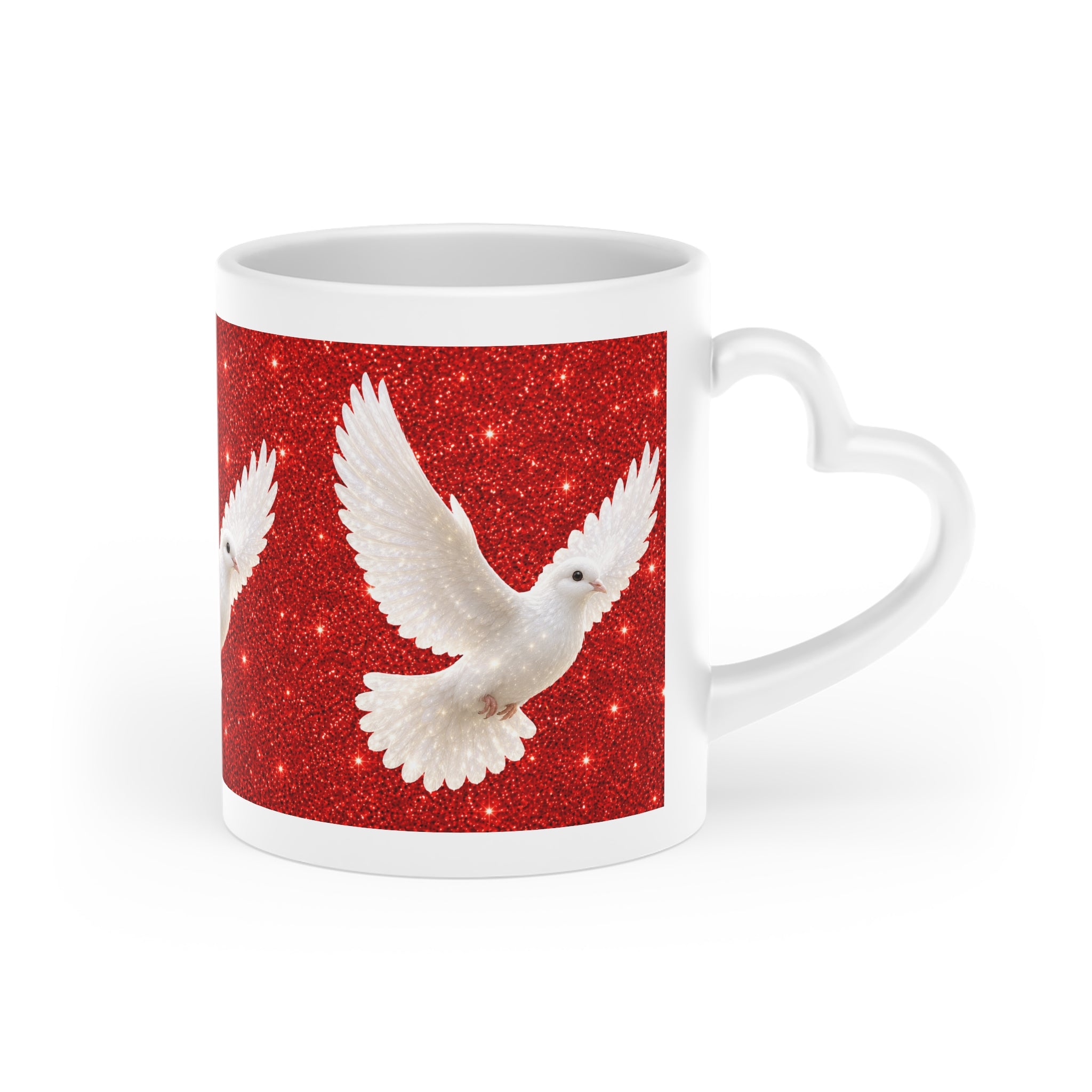 White ceramic heart-shaped handle mug featuring graceful white doves flying across a sparkling red background with vibrant wraparound artwork.
