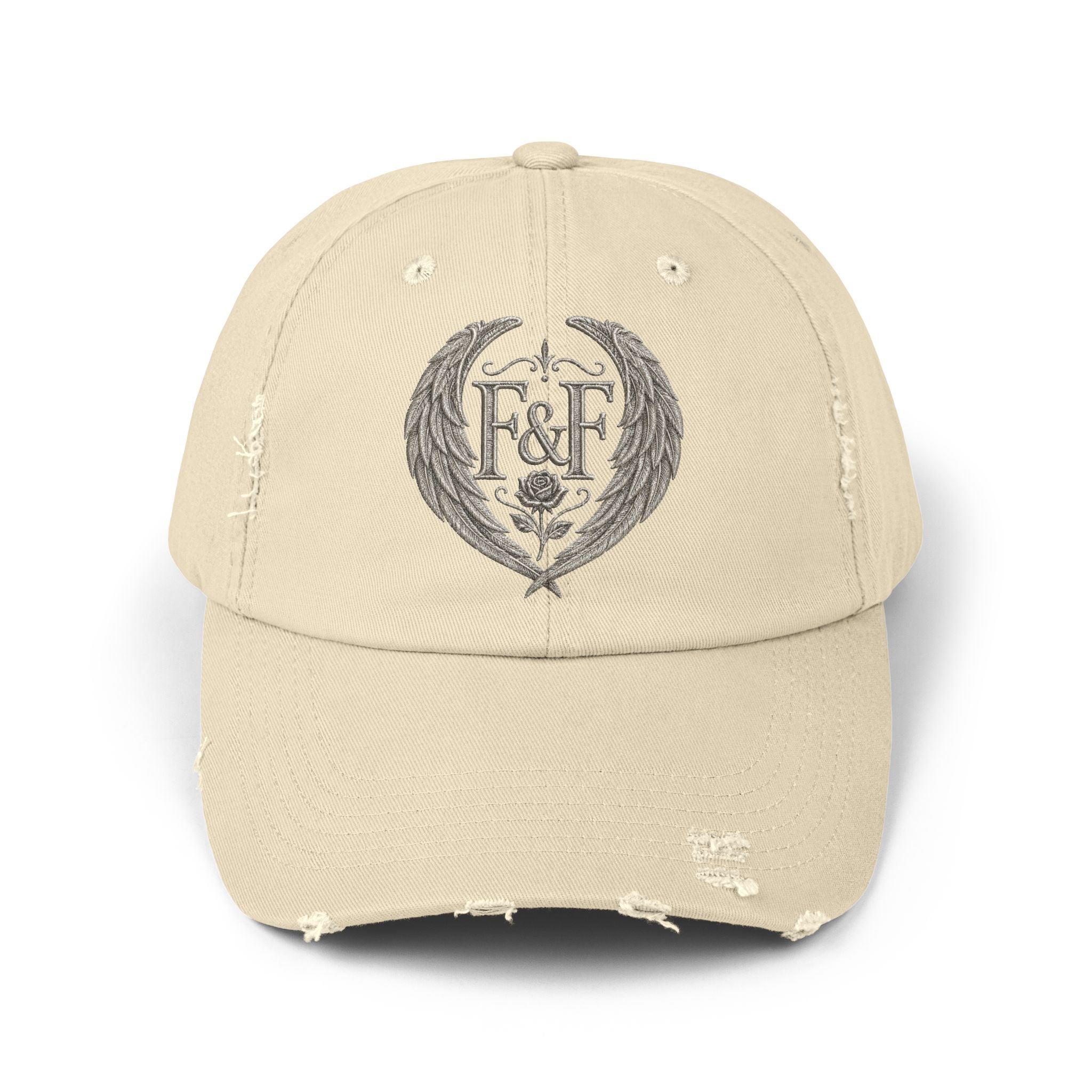 Distressed black Christian cap featuring the Faith & Freedom wing crest logo with feathered wings and vintage washed low-profile styling.