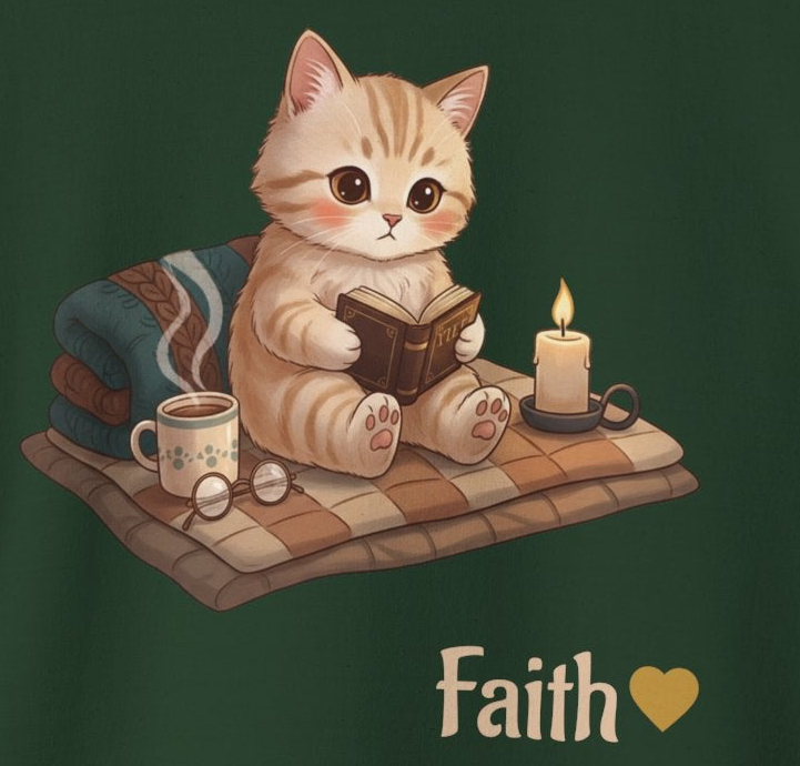 Faith Cozy Cat Crewneck Sweatshirt – Candlelight Cat Faith Sweatshirt | Quiet Comfort Apparel