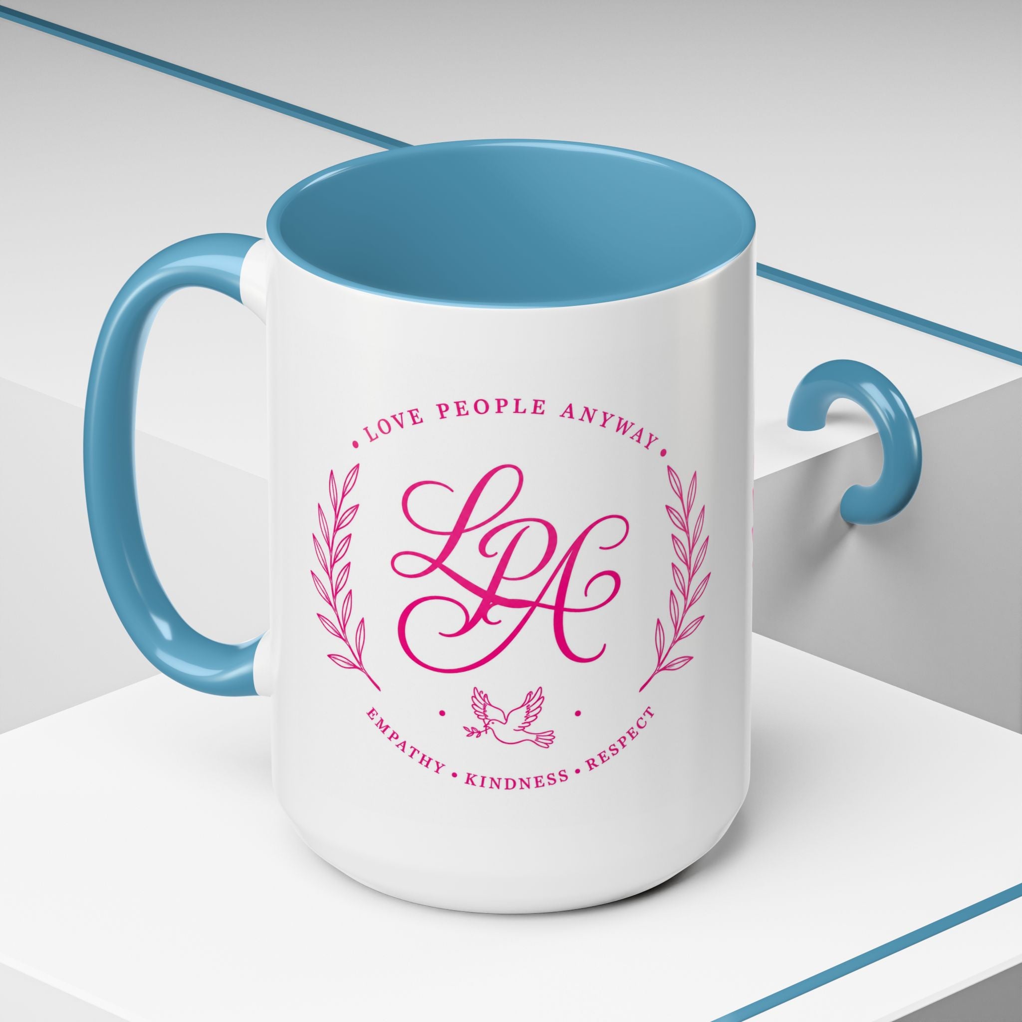 Love People Anyway Coffee Mug | Inspirational Pink Monogram Mug | Faith Freedom Creations
