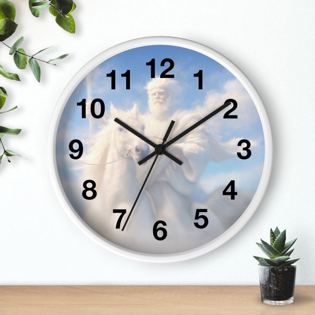 Inspirational Christian wall clock featuring Jesus riding through glowing clouds with classical devotional sky artwork and warm heavenly tones.