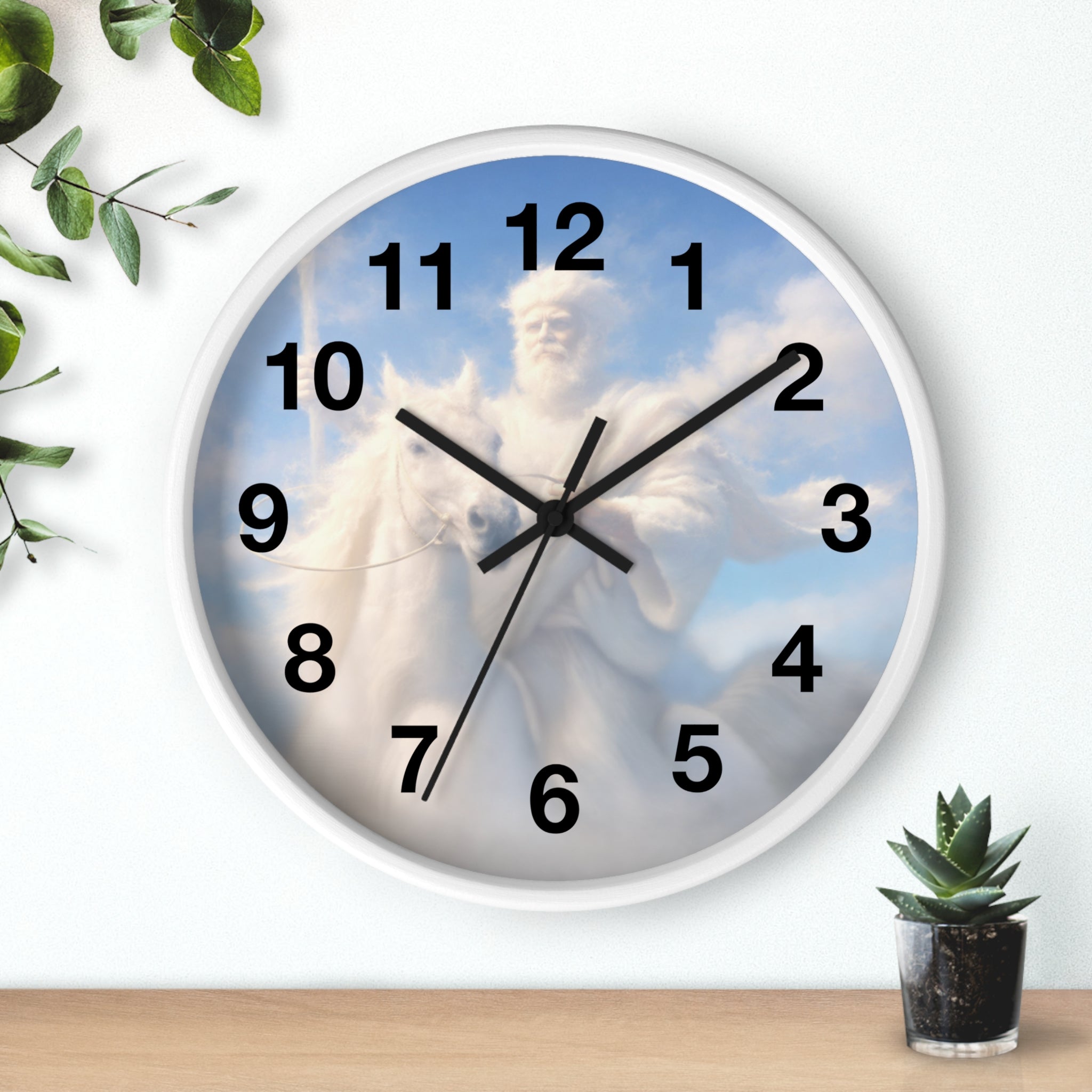 Inspirational Christian wall clock featuring Jesus riding through glowing clouds with classical devotional sky artwork and warm heavenly tones.