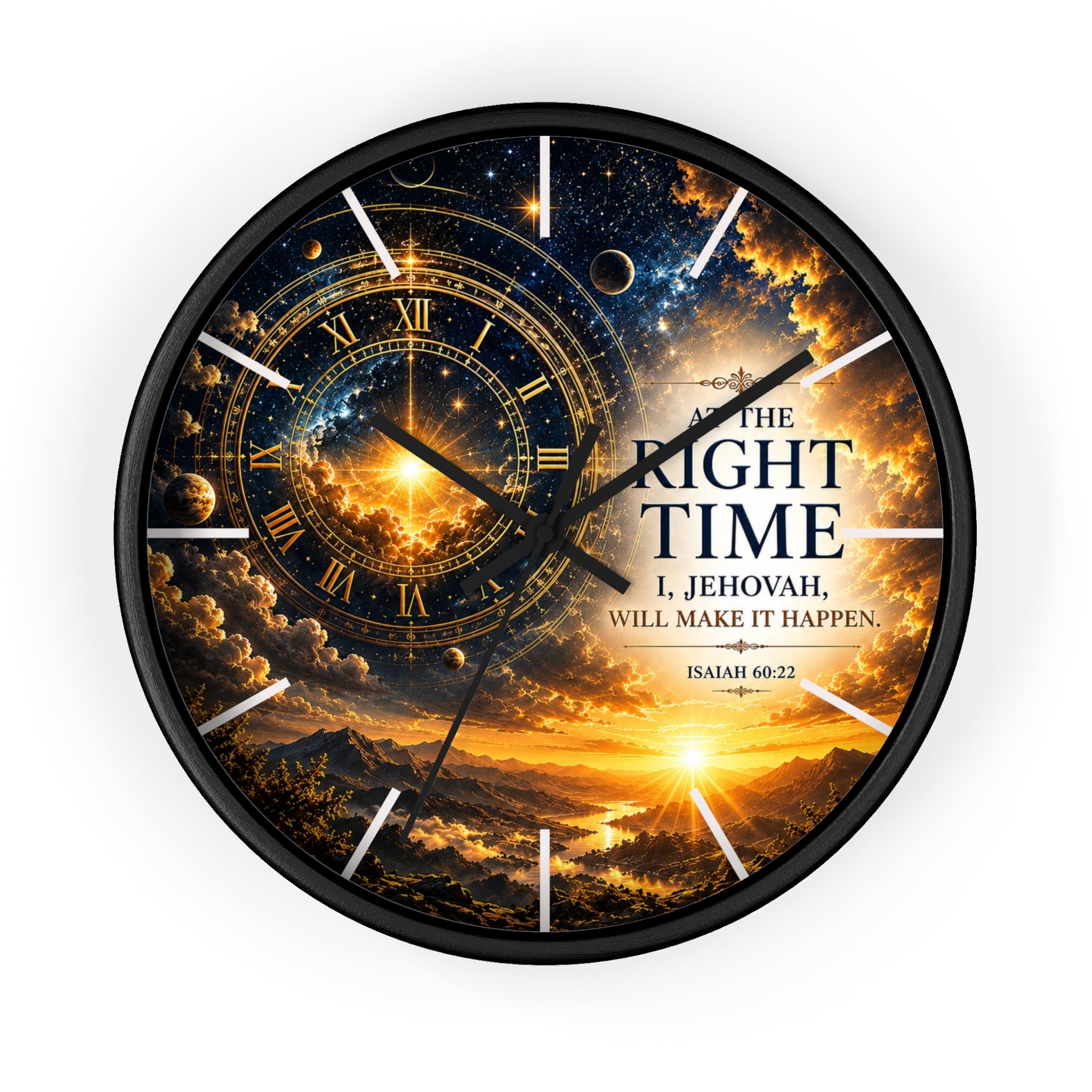 Inspirational Christian wall clock featuring celestial skies, glowing golden gears, and Isaiah 60:22 scripture with the phrase “The Right Time: I, Jehovah, Will Make It Happen.”