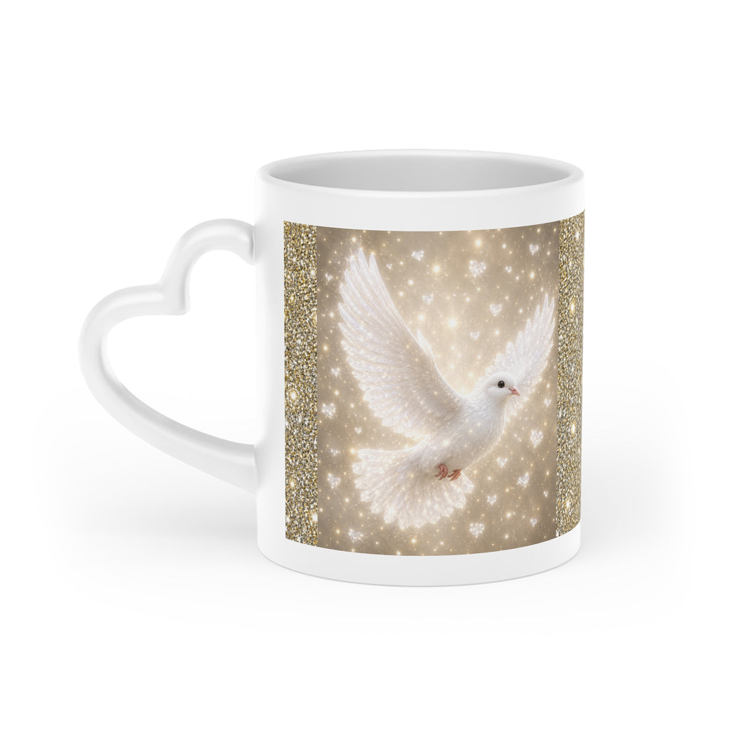 White ceramic heart-shaped handle mug featuring elegant white doves flying across a shimmering gold sparkle background with wraparound artwork.