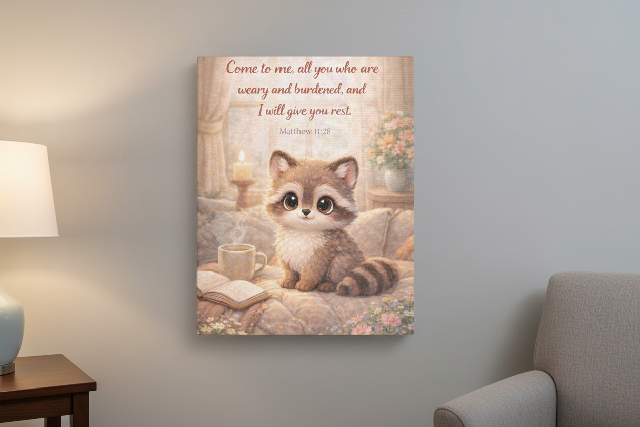 Woodland Raccoon Matthew 11:28 Canvas — Scripture Nursery Wall Art