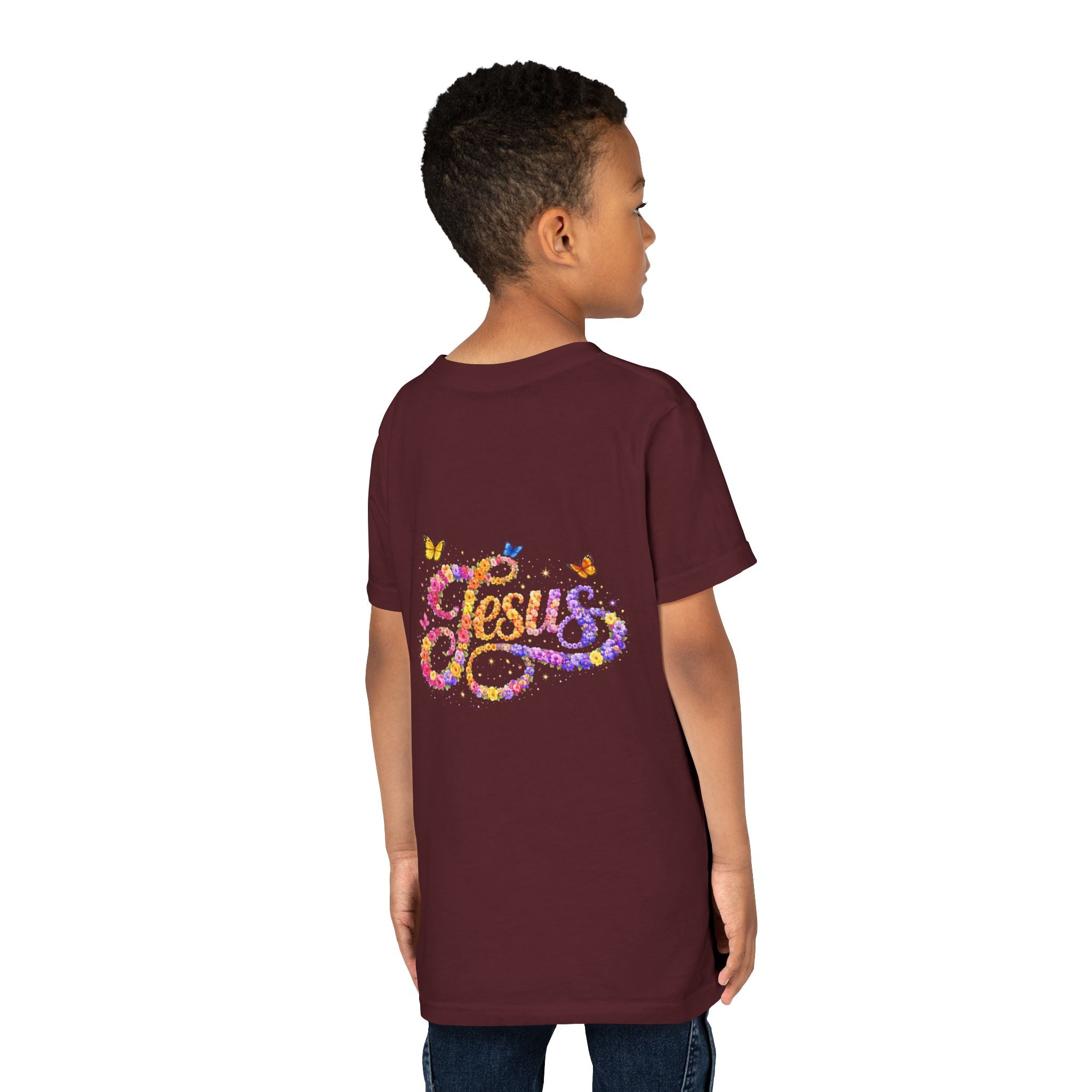 Youth Jesus Floral Script T-Shirt – Butterfly Christian Kids Tee | Faith Youth Shirt
