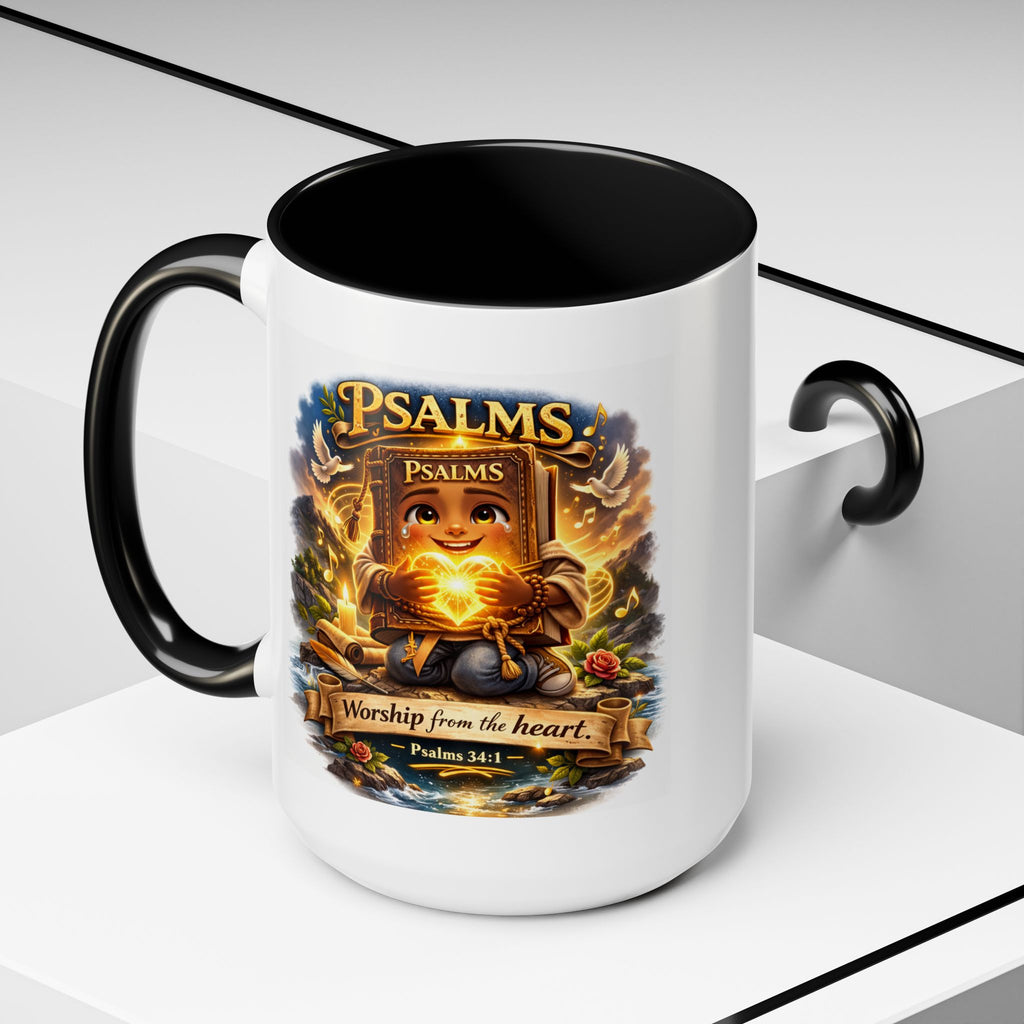 Inspirational Christian ceramic accent coffee mug featuring Psalm 34:1 and the message “Worship From the Heart” with colorful handle and interior accents on a glossy white mug.