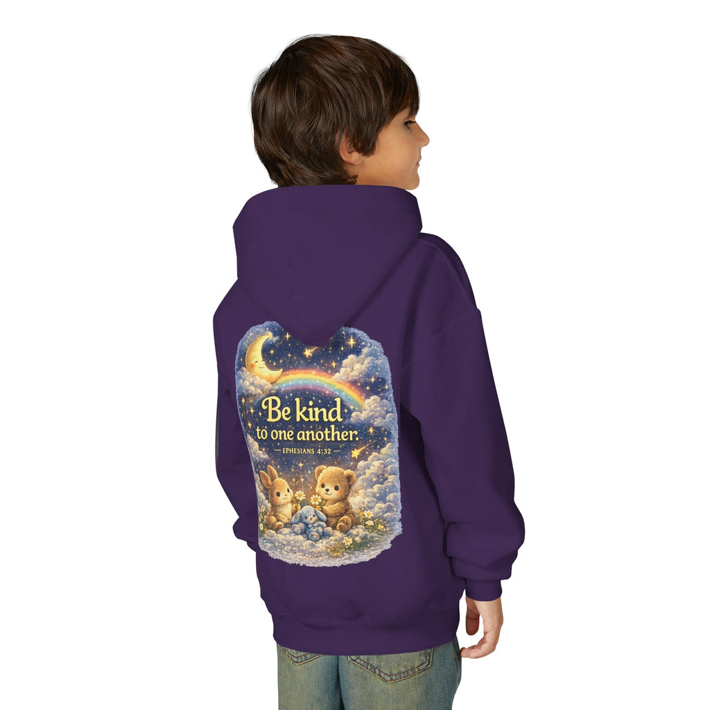 Youth “Be Kind to One Another” Hoodie – Cute Bunny Night Sky Scripture Sweatshirt
