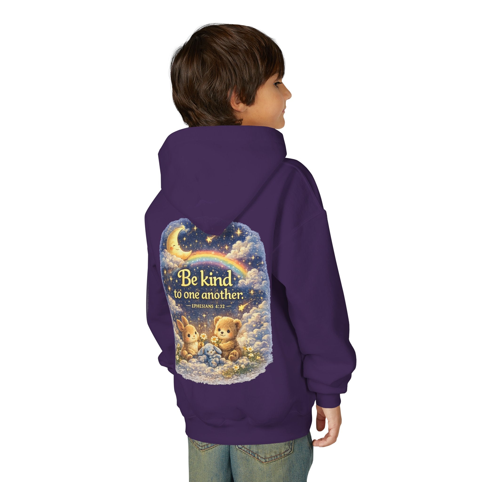 Youth “Be Kind to One Another” Hoodie – Cute Bunny Night Sky Scripture Sweatshirt