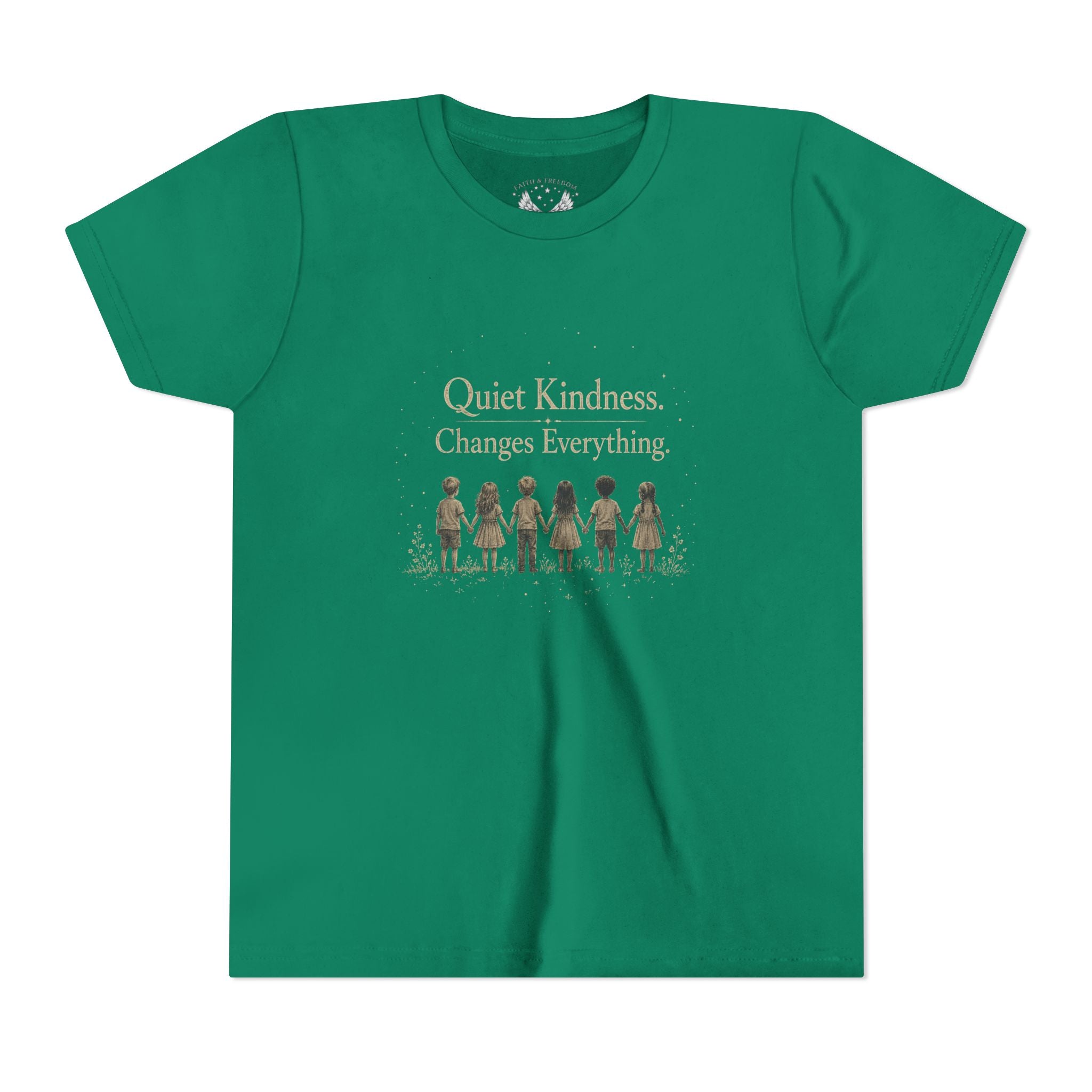 Youth “Quiet Kindness Changes Everything” Tee – Kids Inspirational T-Shirt with Earth & Friends Graphic