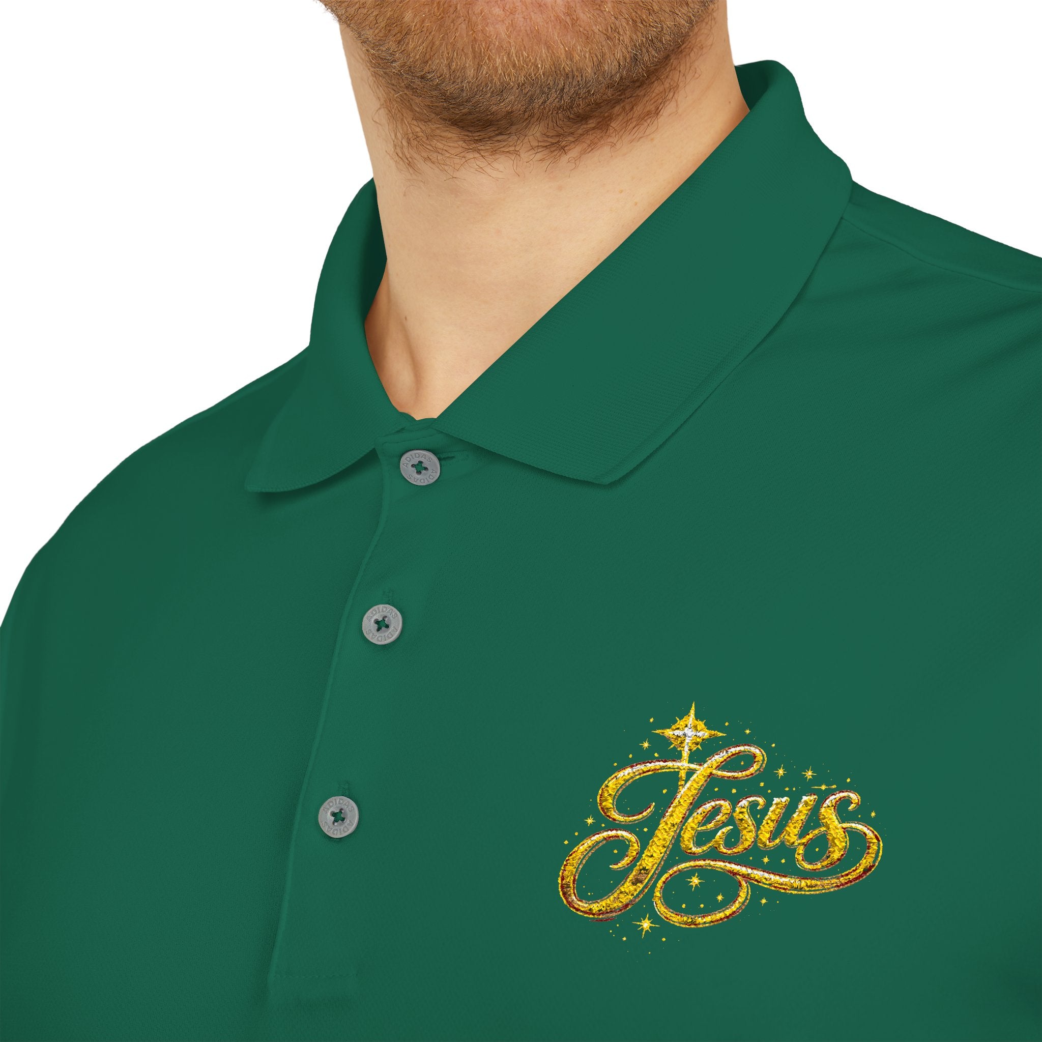 'Jesus' Script Embroidered Polo — Gold Faith Golf Shirt