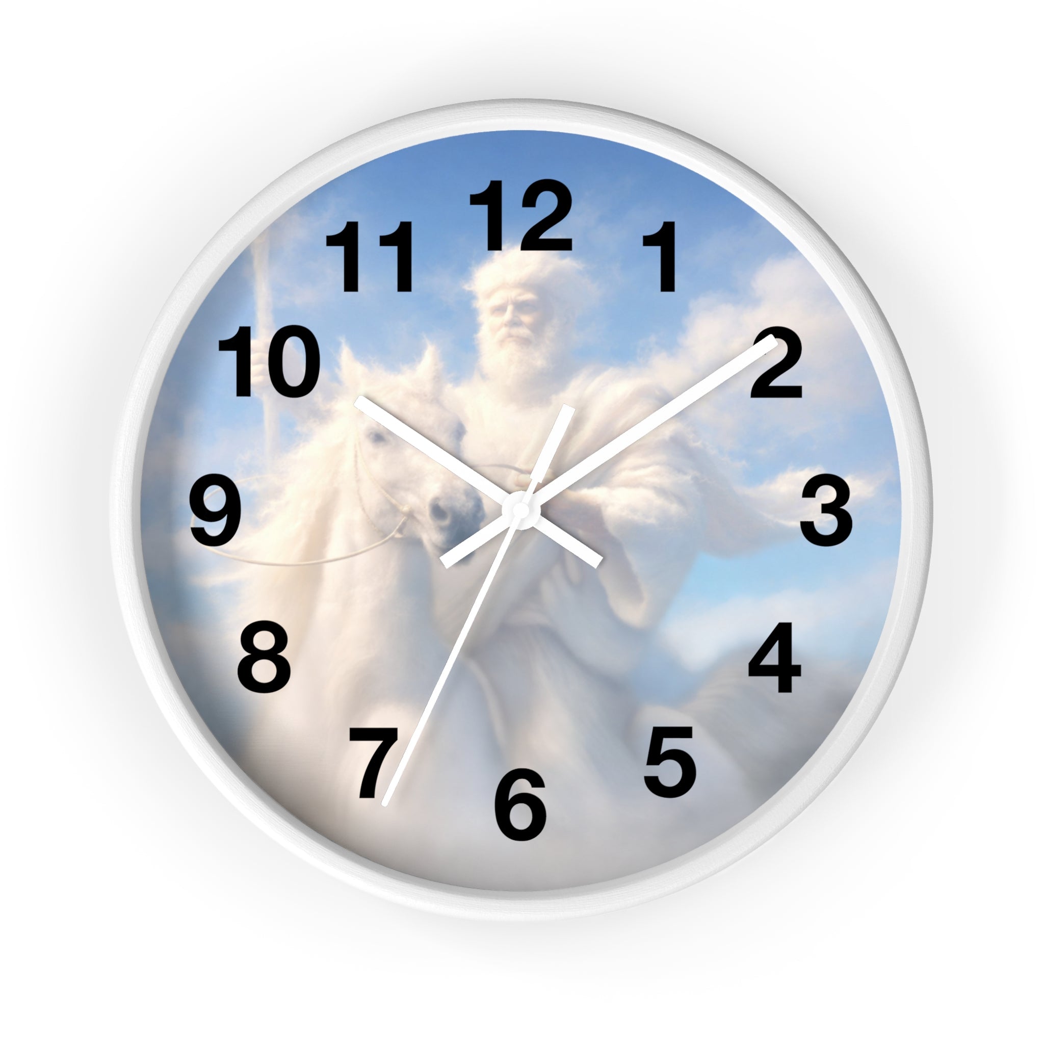 Inspirational Christian wall clock featuring Jesus riding through glowing clouds with classical devotional sky artwork and warm heavenly tones.