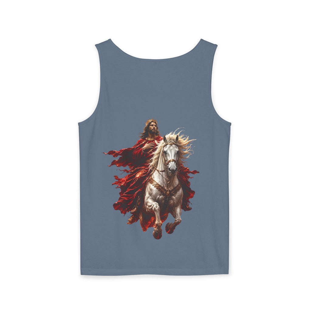 Christian tank top featuring Jesus riding a white horse with inspirational Second Coming artwork on a soft garment-dyed sleeveless shirt.