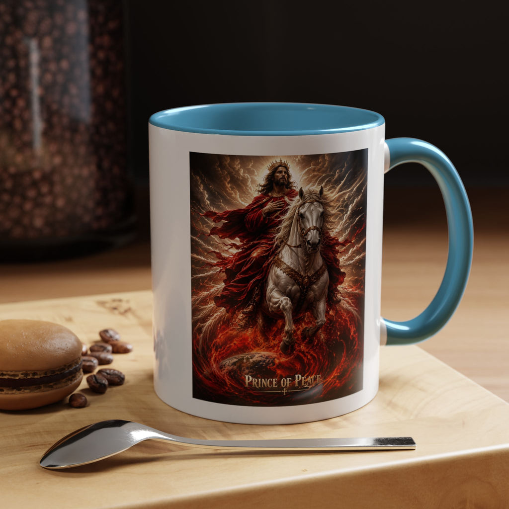 Inspirational Christian coffee mug featuring Jesus riding a white horse surrounded by radiant heavenly light with Prince of Peace artwork and colorful accent handle and interior.