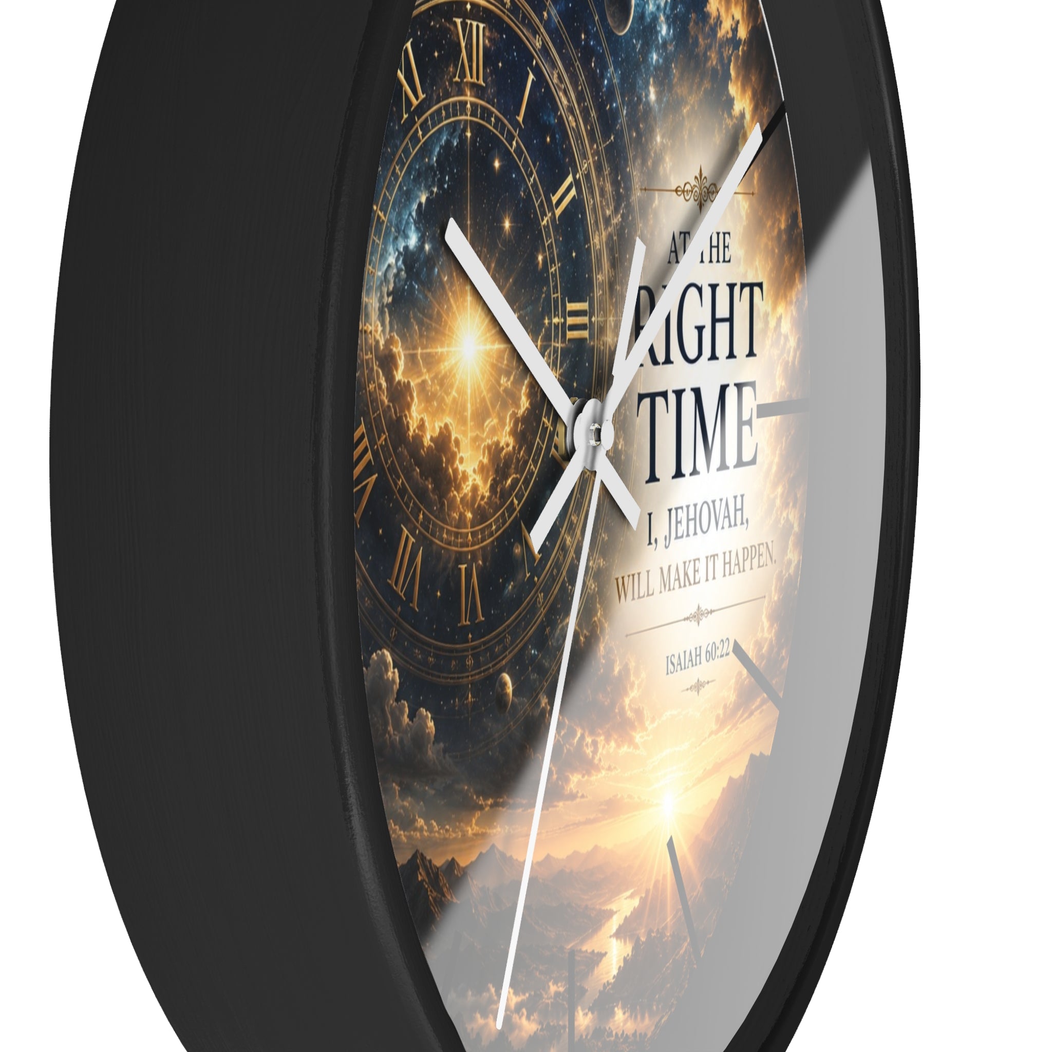 Bring peaceful encouragement into your home with this Isaiah 60:22 wall clock featuring celestial artwork, a golden sunrise, silent movement, and the comforting promise: “The Right Time, I Jehovah Will Make It Happen.”