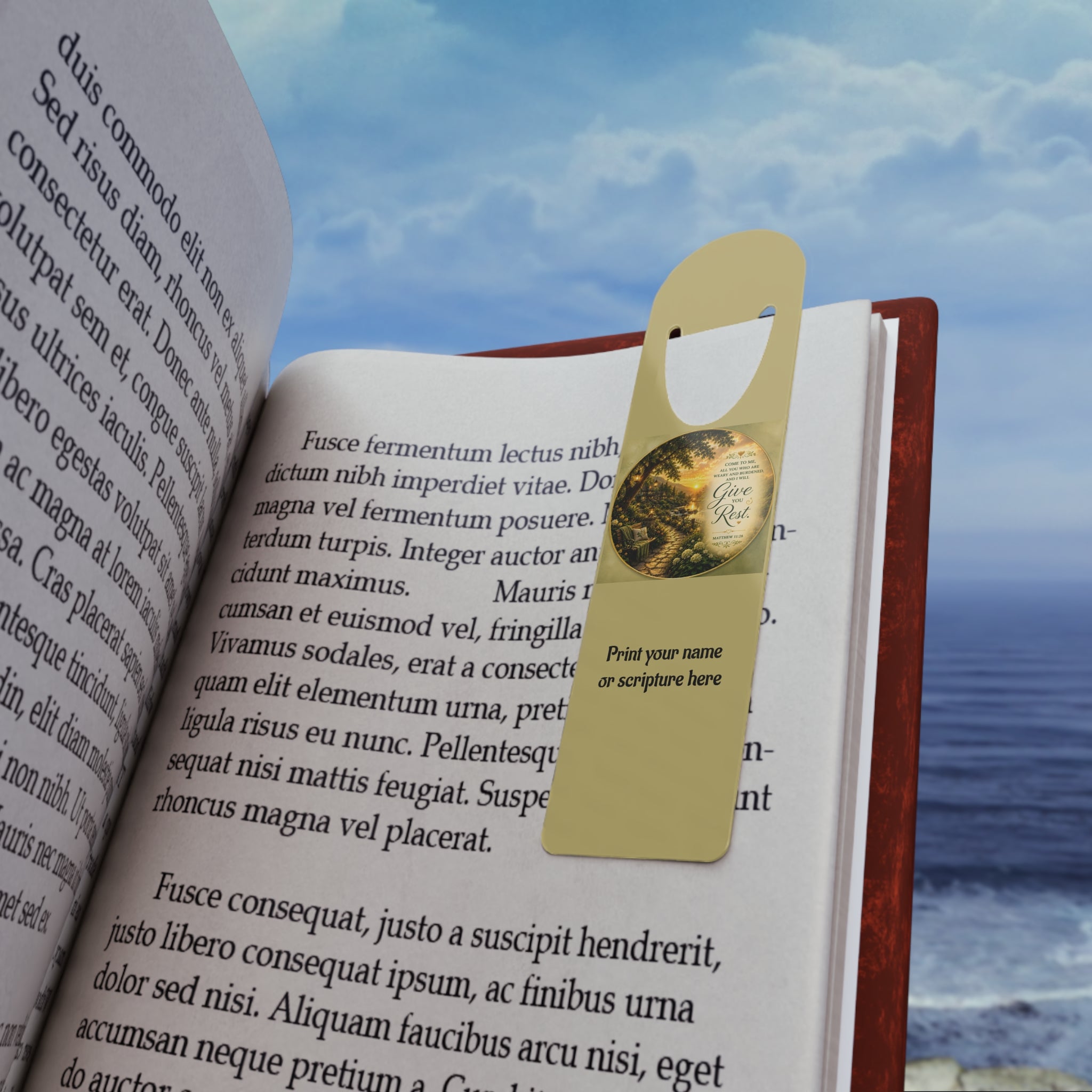 Personalized Christian aluminum bookmark featuring a peaceful “Give Rest” message inspired by Matthew 11:28, with custom name option, brushed metal backing, and secure page-holding slot for books, journals, and devotionals.