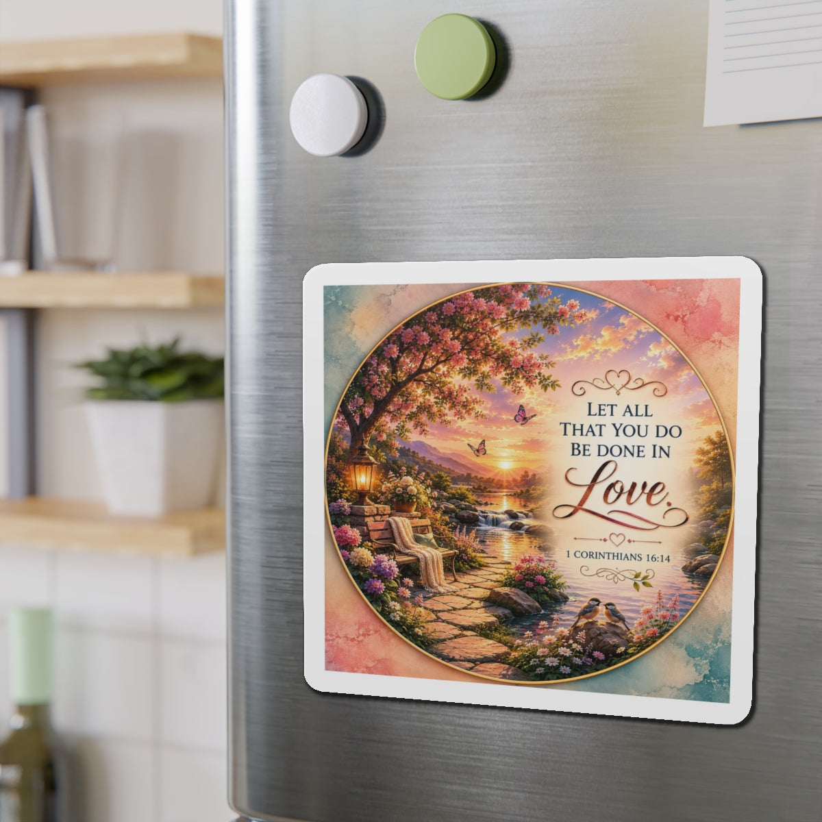 Decorative magnet with a scenic design and inspirational quote on a refrigerator.