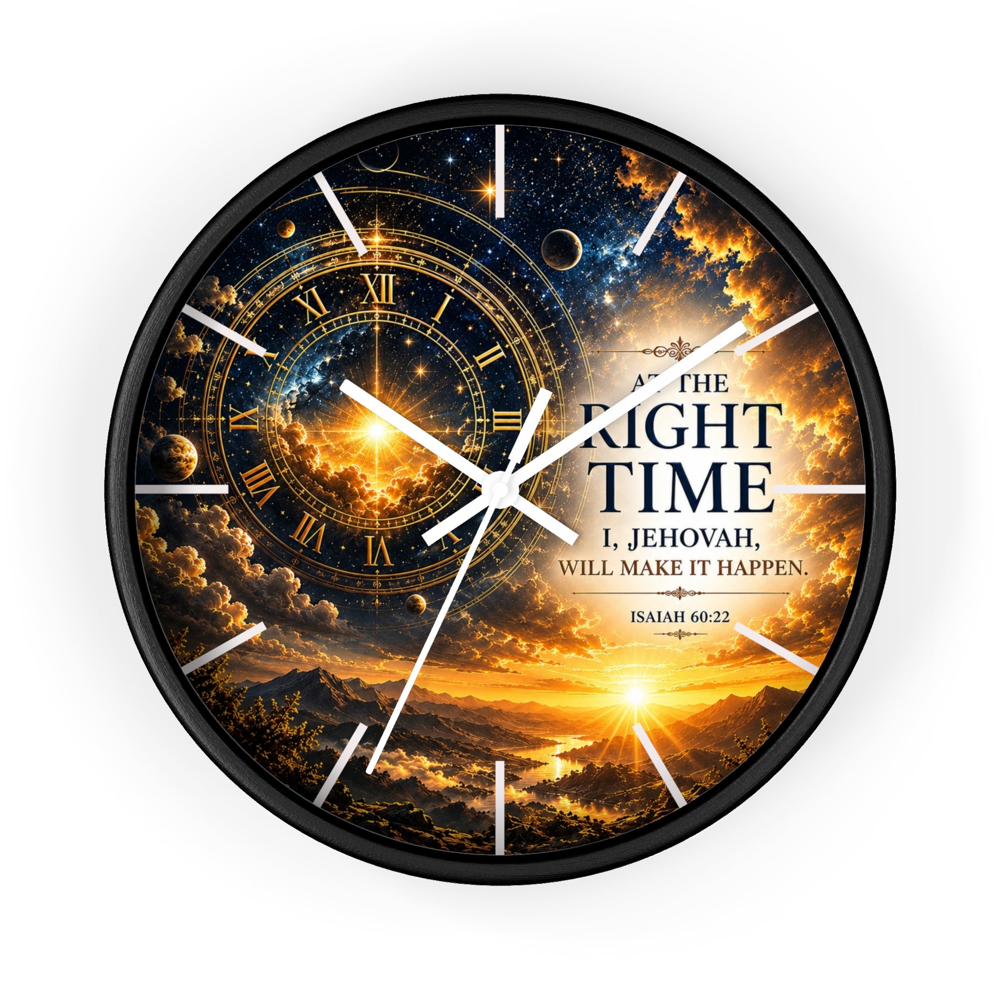 Inspirational Christian wall clock featuring celestial skies, glowing golden gears, and Isaiah 60:22 scripture with the phrase “The Right Time: I, Jehovah, Will Make It Happen.”