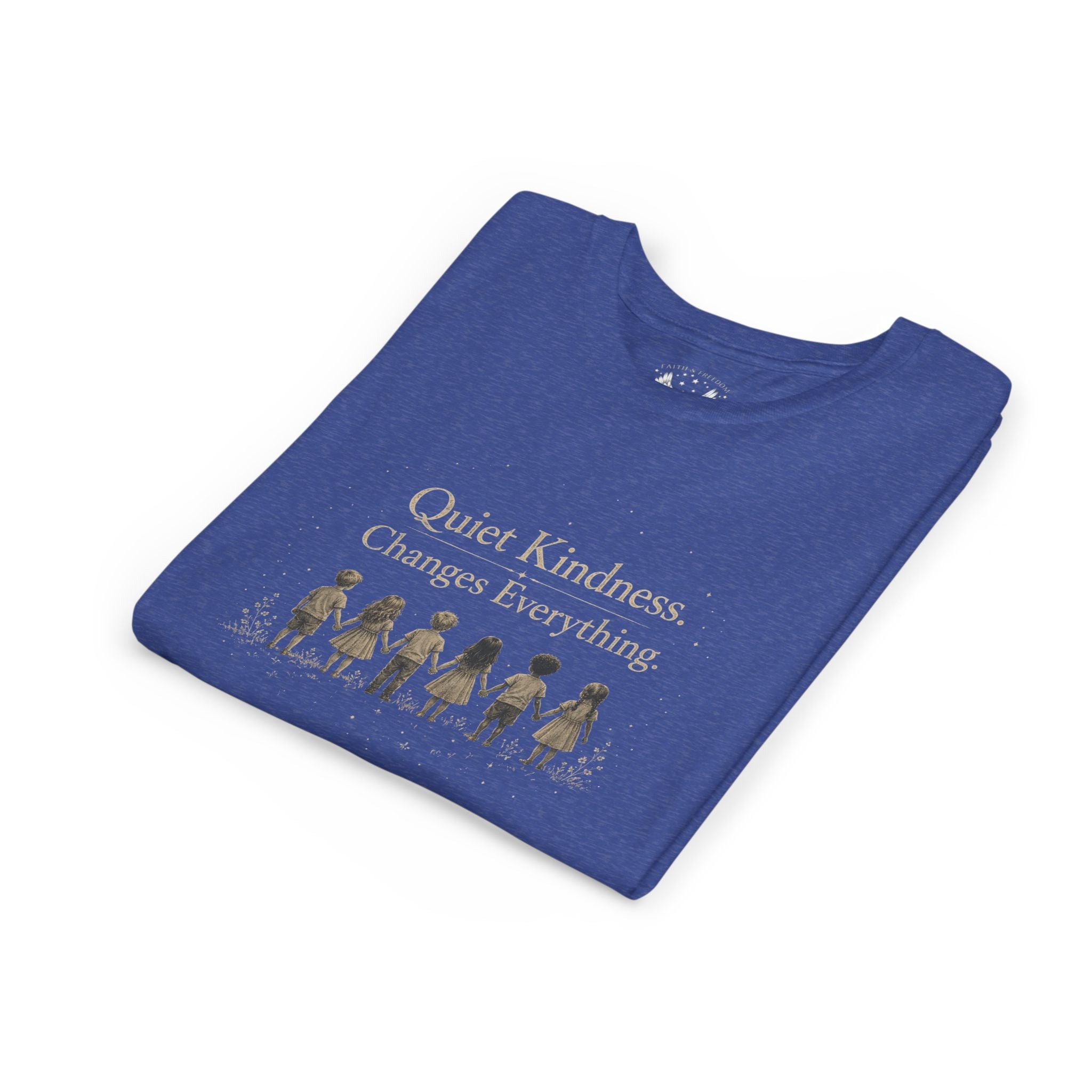 Youth “Quiet Kindness Changes Everything” Tee – Kids Inspirational T-Shirt with Earth & Friends Graphic