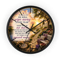 Inspirational Christian wall clock featuring a peaceful lakeside garden path, floral scenery, and Revelation 21:4 scripture in warm comforting tones.