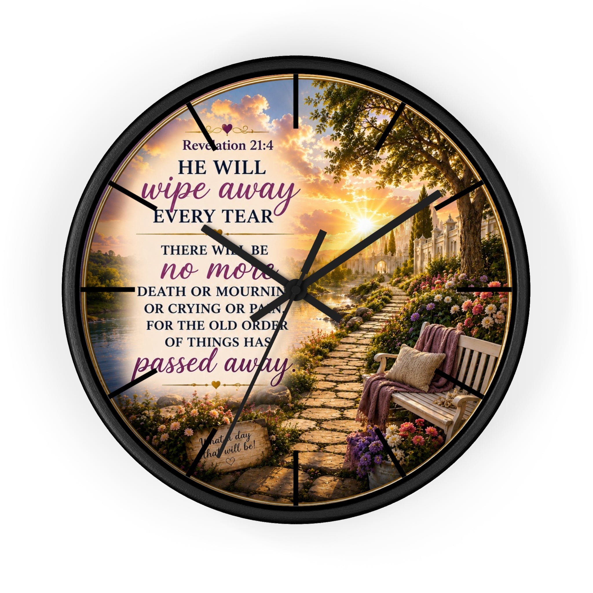 Inspirational Christian wall clock featuring a peaceful lakeside garden path, floral scenery, and Revelation 21:4 scripture in warm comforting tones.