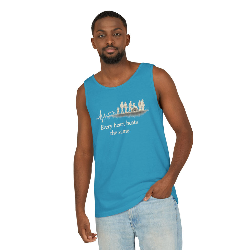 “Every Heart Beats the Same” Vintage Surf Tank Top – Garment-Dyed Coastal Unity Tank
