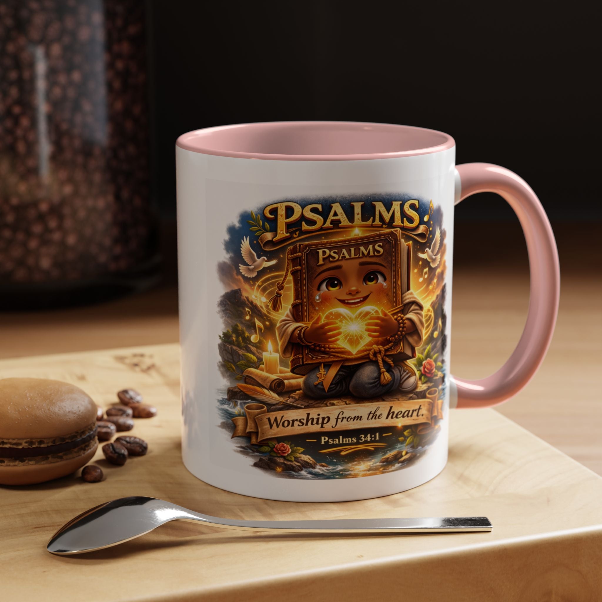 Inspirational Christian ceramic accent coffee mug featuring Psalm 34:1 and the message “Worship From the Heart” with colorful handle and interior accents on a glossy white mug.