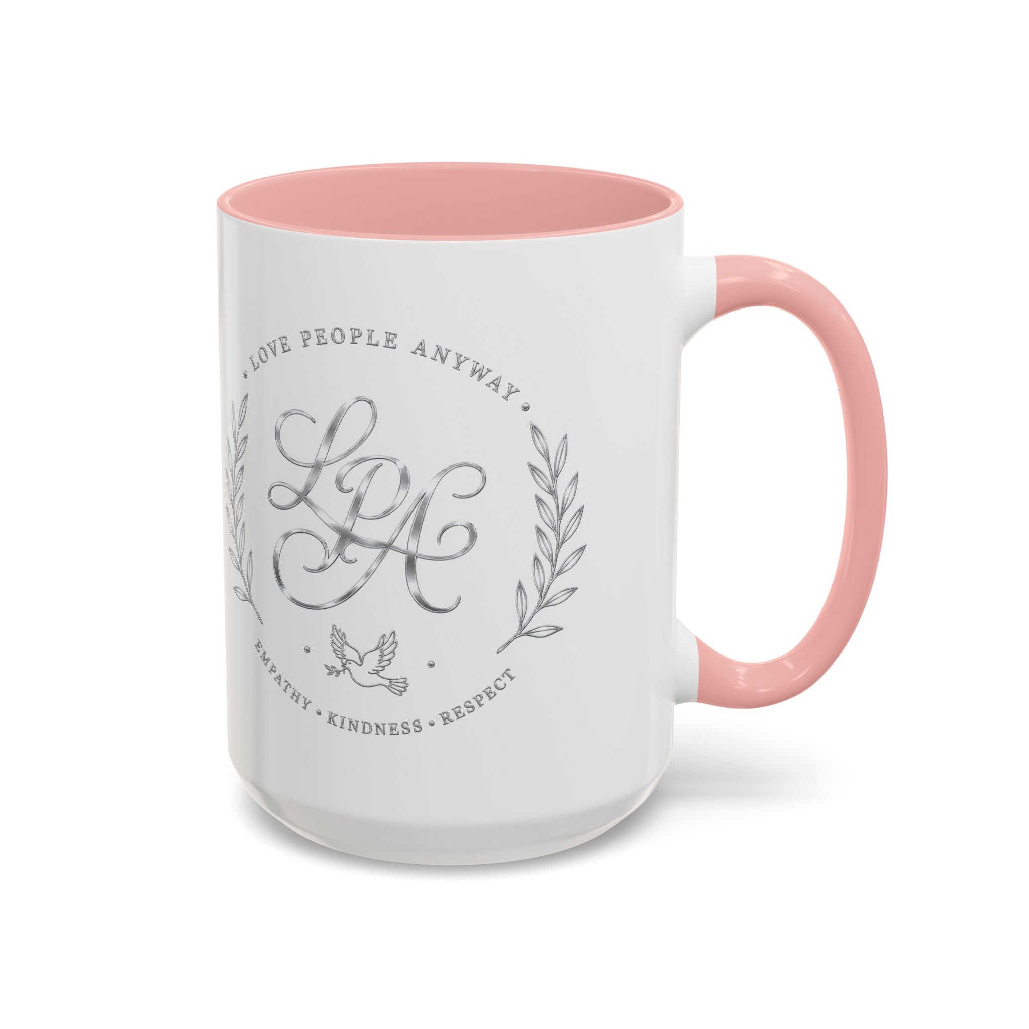 Love People Anyway Silver Accent Coffee Mug | Inspirational Monogram Mug | Faith Freedom Creations