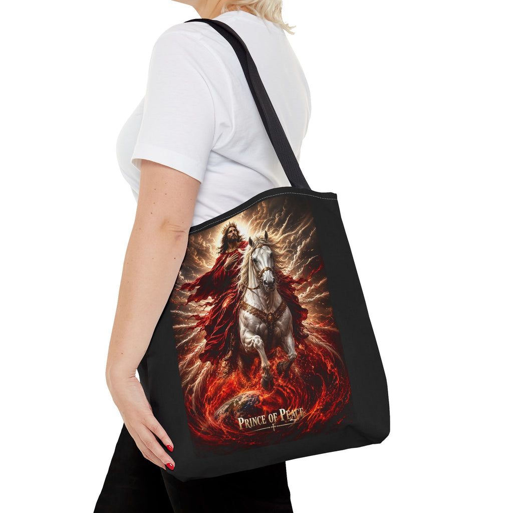 Christian all-over print tote bag featuring Jesus riding a white horse with Prince of Peace inspirational artwork and durable carryall design.
