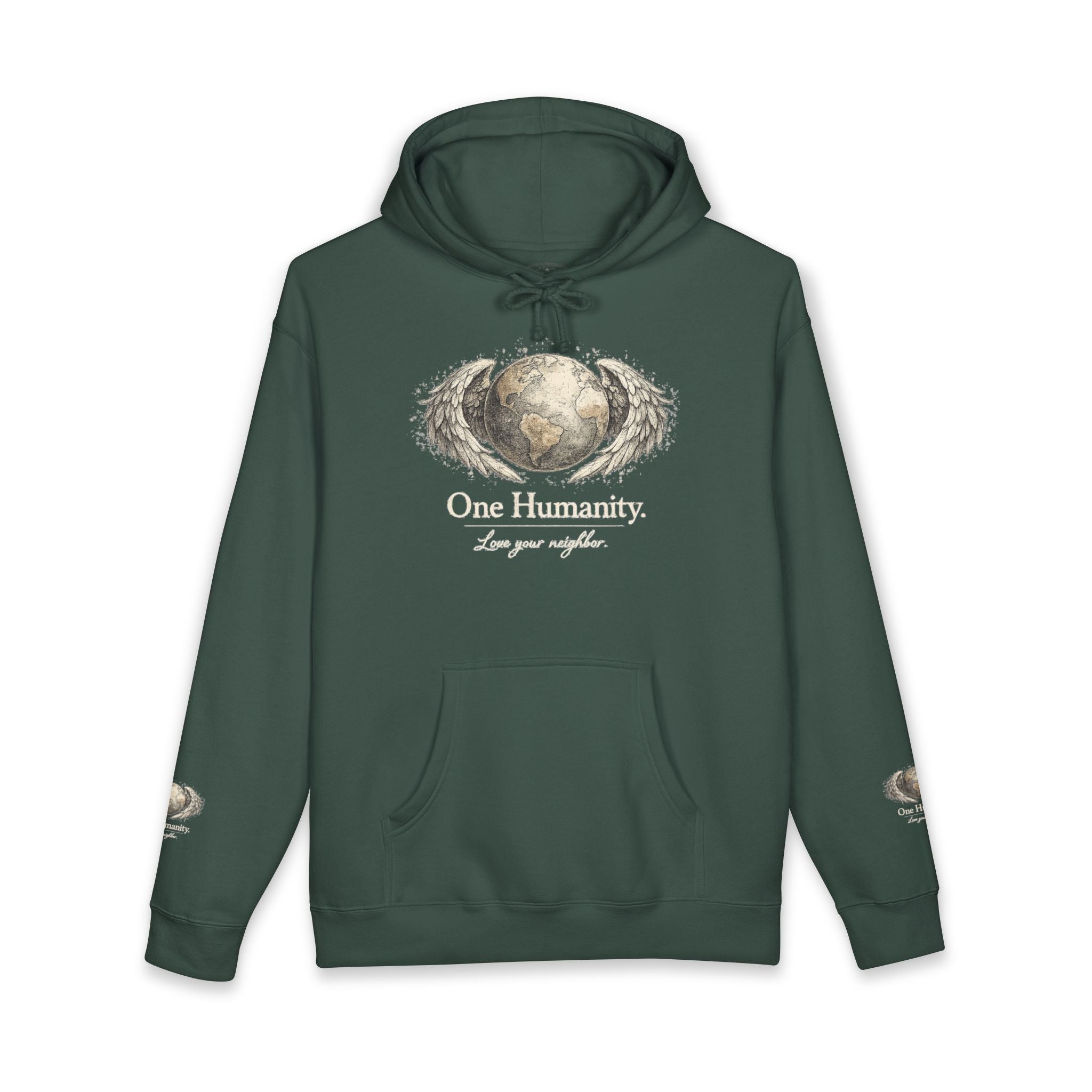 “One Humanity” Hoodie – “Love Your Neighbor” Earth & Wings Graphic Sweatshirt