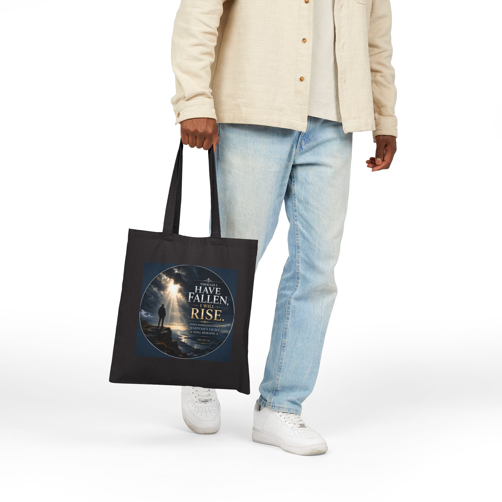 Though I Have Fallen, I Will Rise Tote Bag | Micah 7:8 Christian Canvas Tote