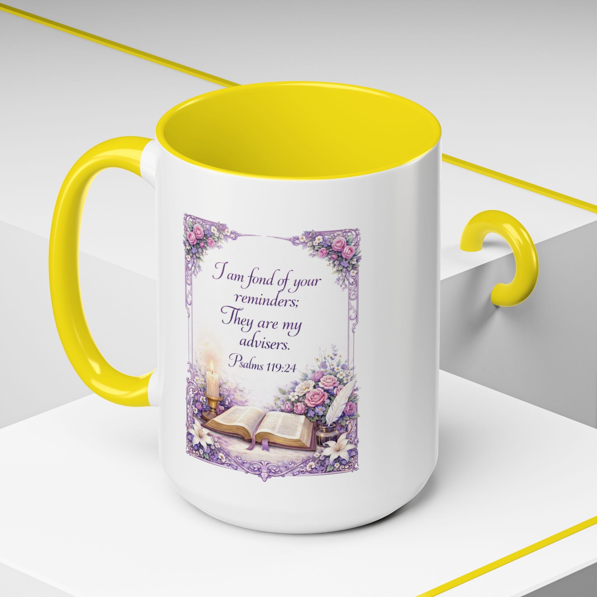 Inspirational Christian ceramic accent coffee mug featuring Psalm 119:24, delicate floral artwork, and the message “I am fond of your reminders” with colorful handle and interior accents.