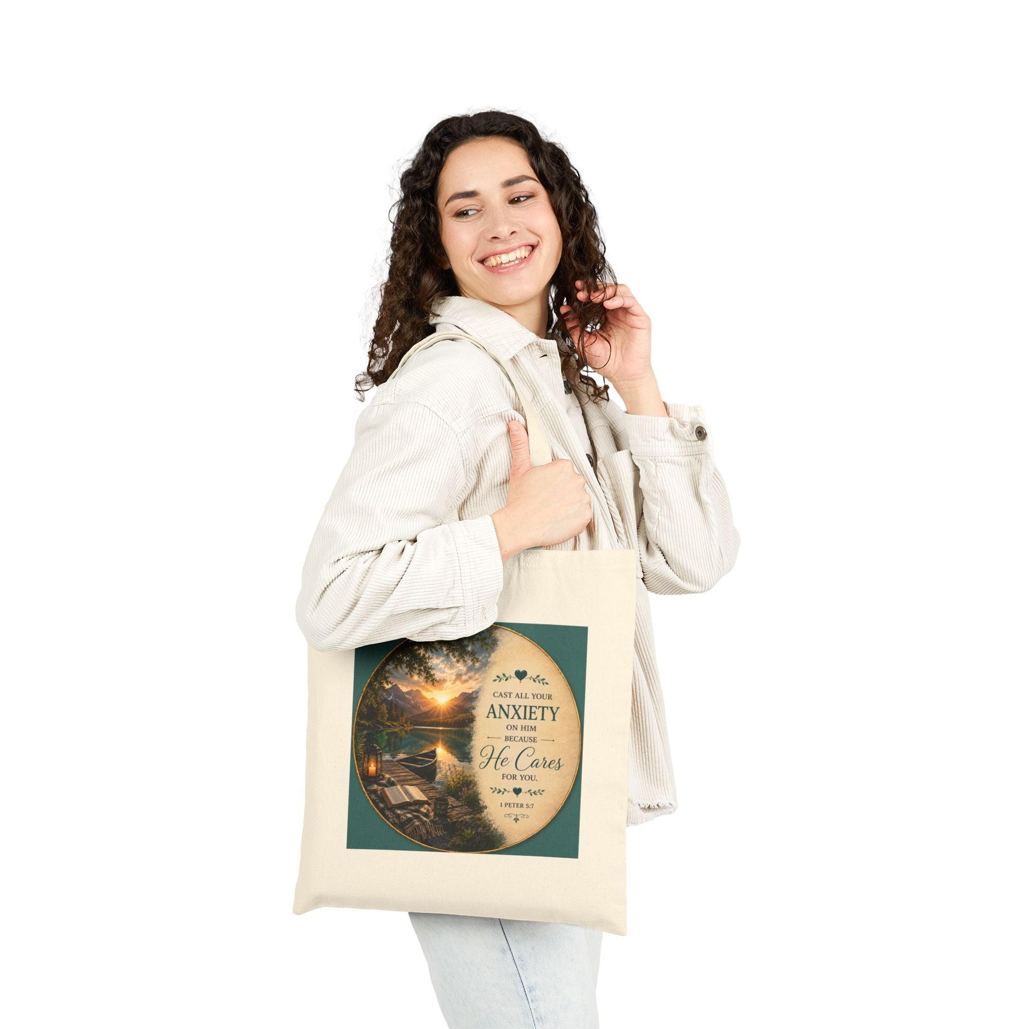 Cast All Your Anxiety Tote Bag | 1 Peter 5:7 Christian Canvas Tote | Inspirational Scripture Bag