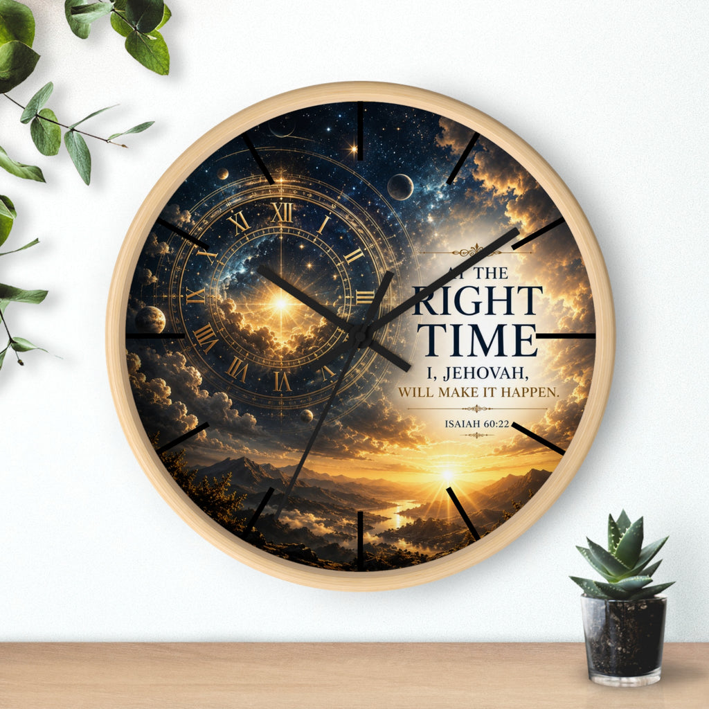 Bring peaceful encouragement into your home with this Isaiah 60:22 wall clock featuring celestial artwork, a golden sunrise, silent movement, and the comforting promise: “The Right Time, I Jehovah Will Make It Happen.”