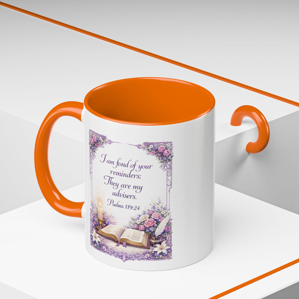Inspirational Christian ceramic accent coffee mug featuring Psalm 119:24, delicate floral artwork, and the message “I am fond of your reminders” with colorful handle and interior accents.