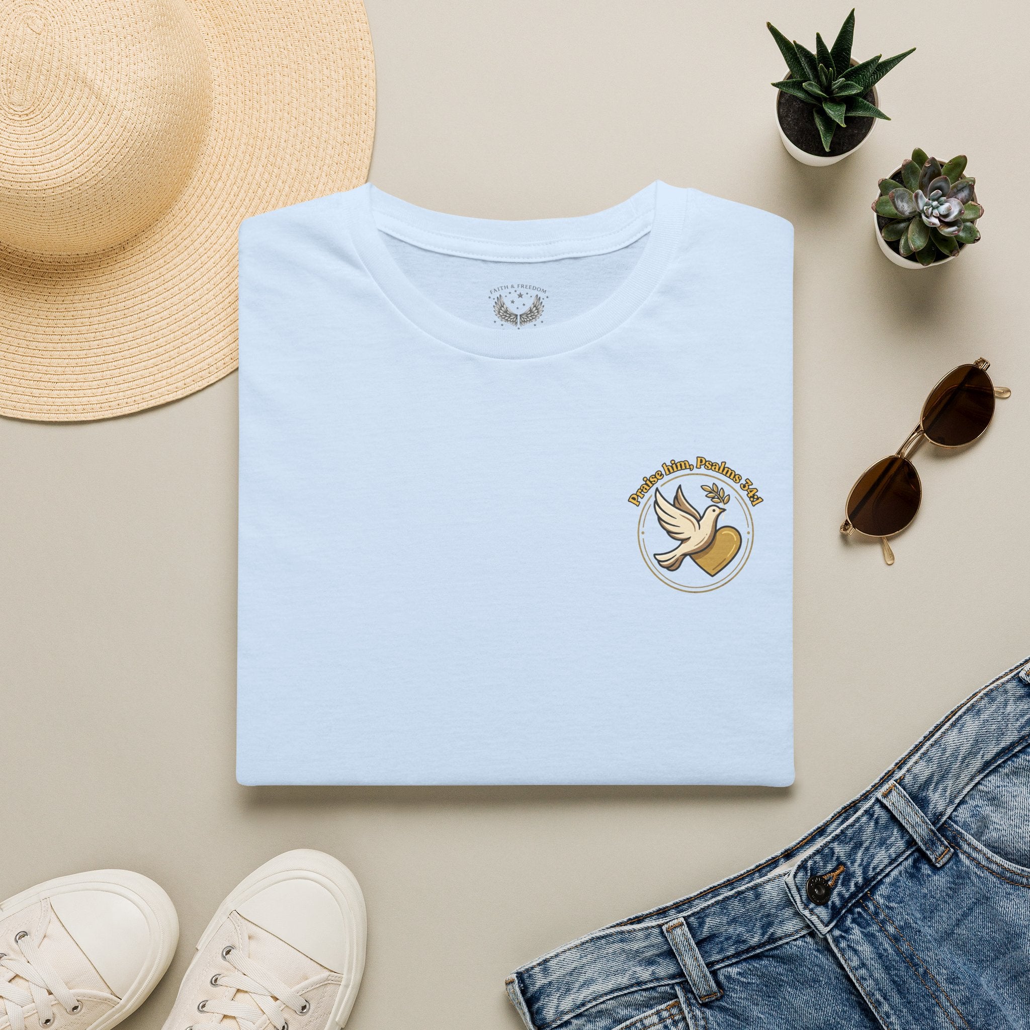 Minimalist Christian T-shirt featuring a Dove of Peace chest emblem with the words “Pray, Love, Remember” on a soft lightweight faith-inspired tee.