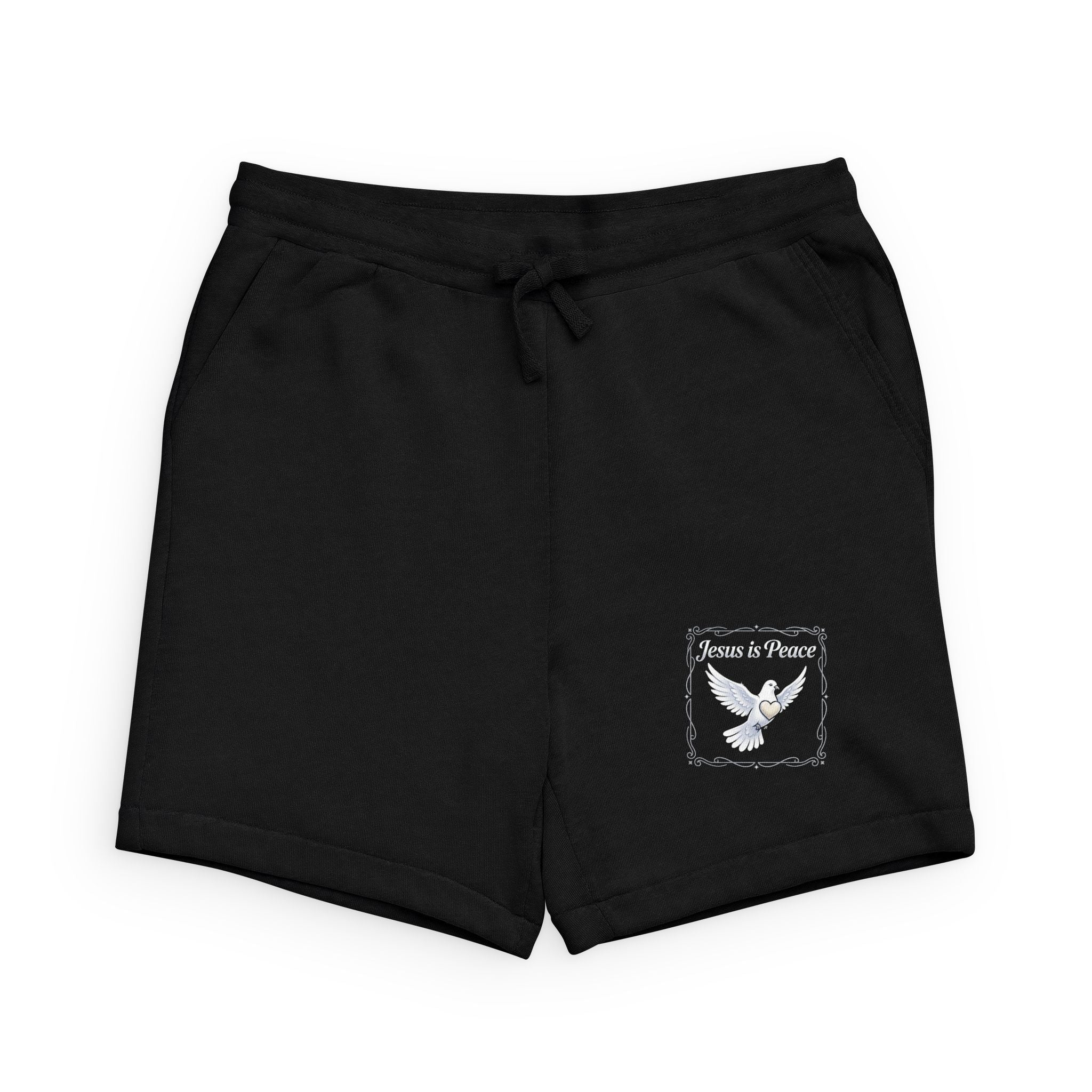 Black Christian sweatshorts featuring a white dove with heart and "Jesus Is Peace" graphic on the lower leg, with adjustable drawstring waistband and side pockets.