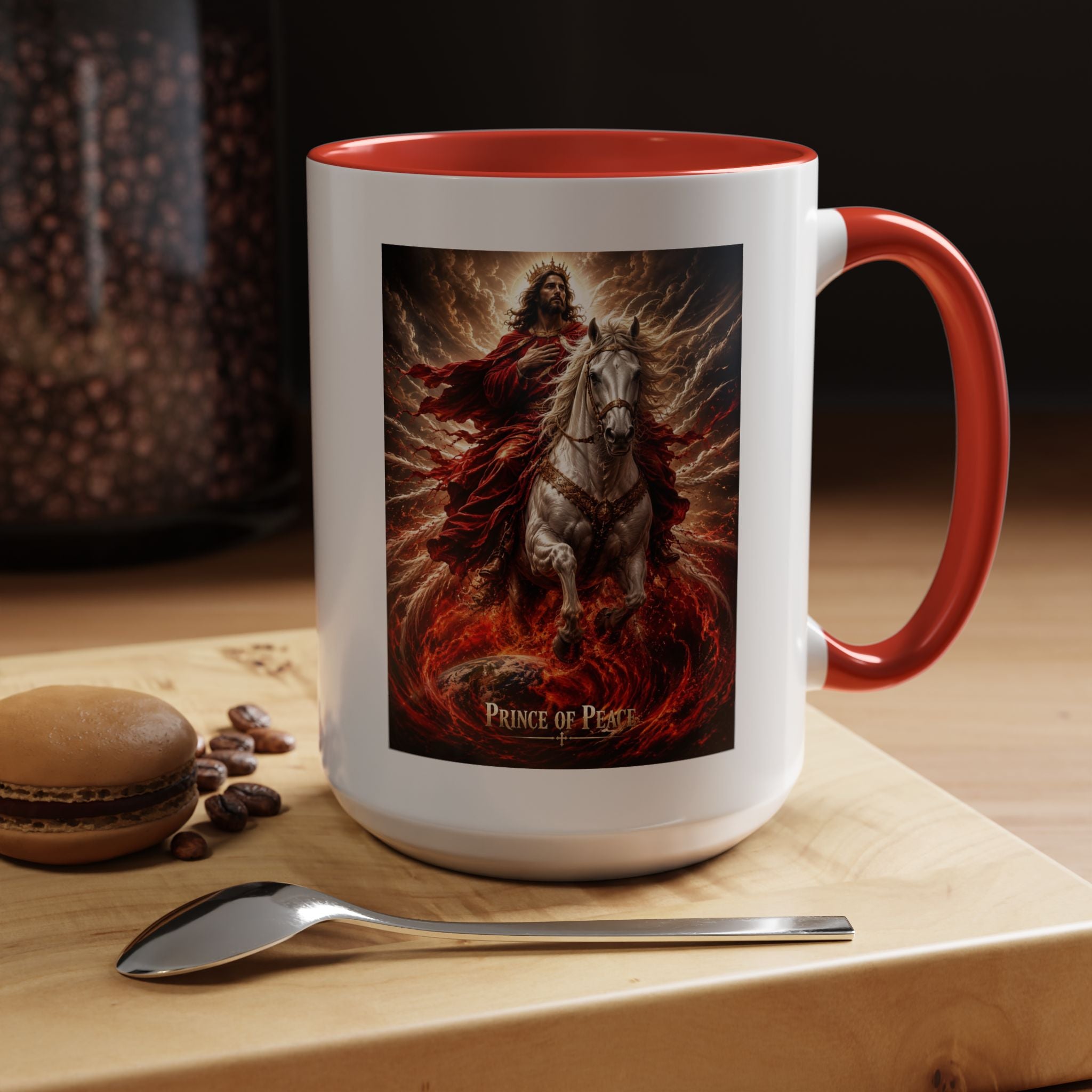 Inspirational Christian coffee mug featuring Jesus riding a white horse surrounded by radiant heavenly light with Prince of Peace artwork and colorful accent handle and interior.