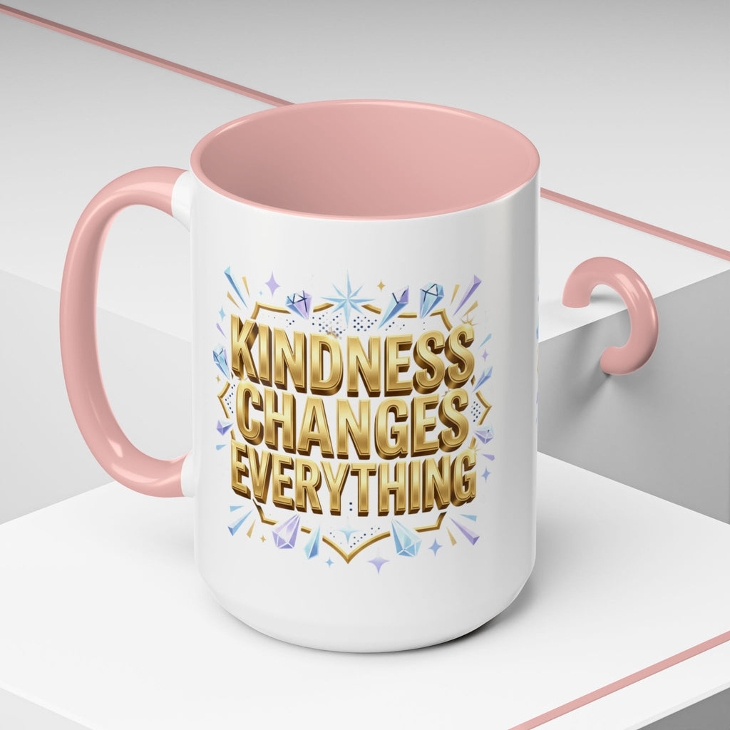 Inspirational ceramic accent coffee mug featuring “Kindness Changes Everything” in elegant gold script with sparkles and colorful accent handle and interior.