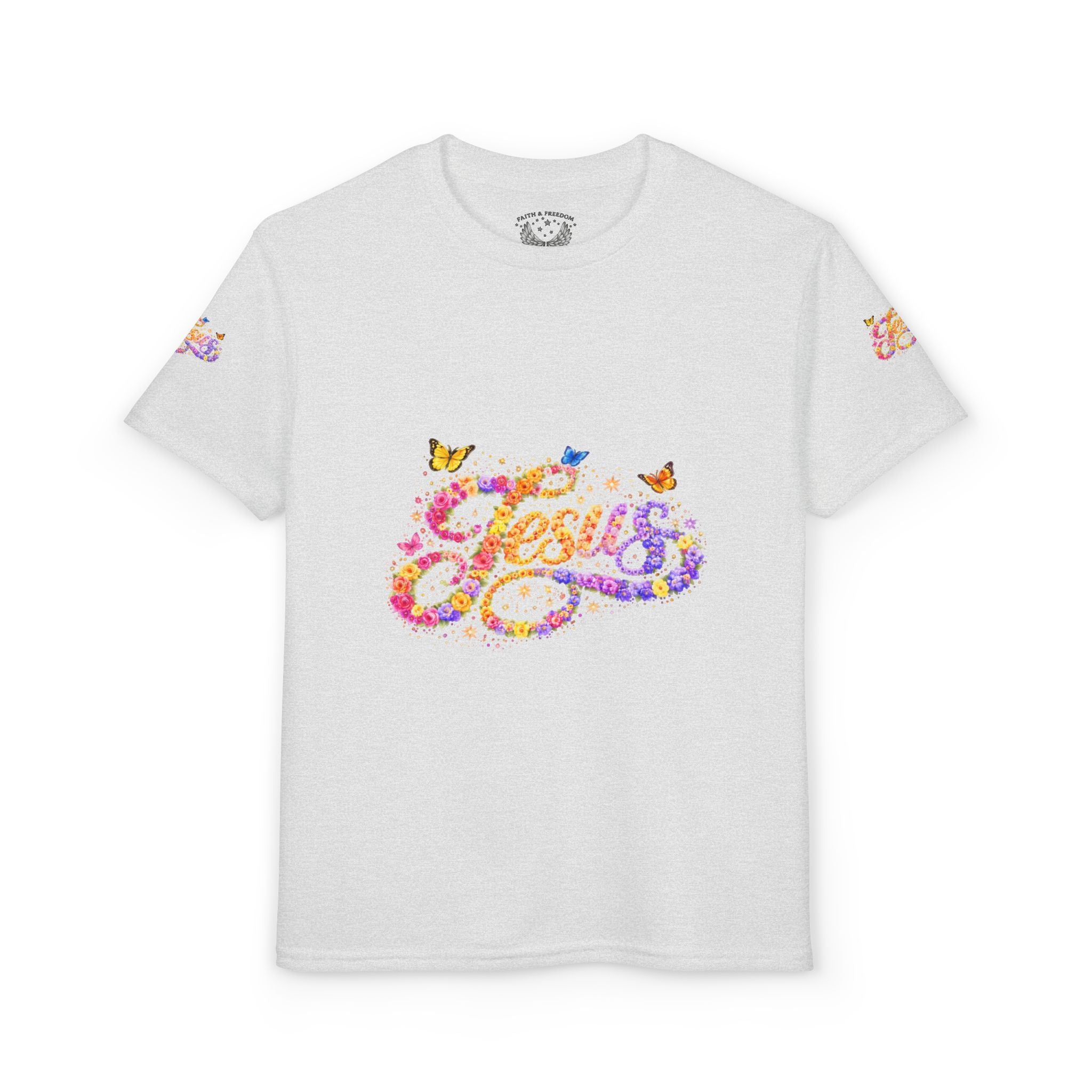 Youth Jesus Floral Butterfly T-Shirt – Christian Kids Faith Tee | Gratitude Sneaker Style Shirt