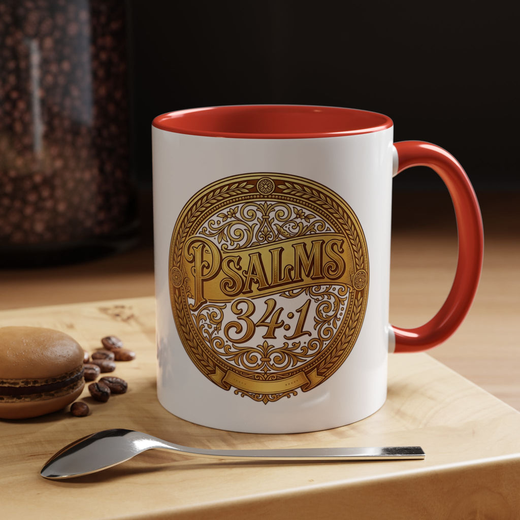 Inspirational Christian ceramic accent coffee mug featuring Psalm 34:1 in an ornate gold medallion design with colorful handle and interior accents.