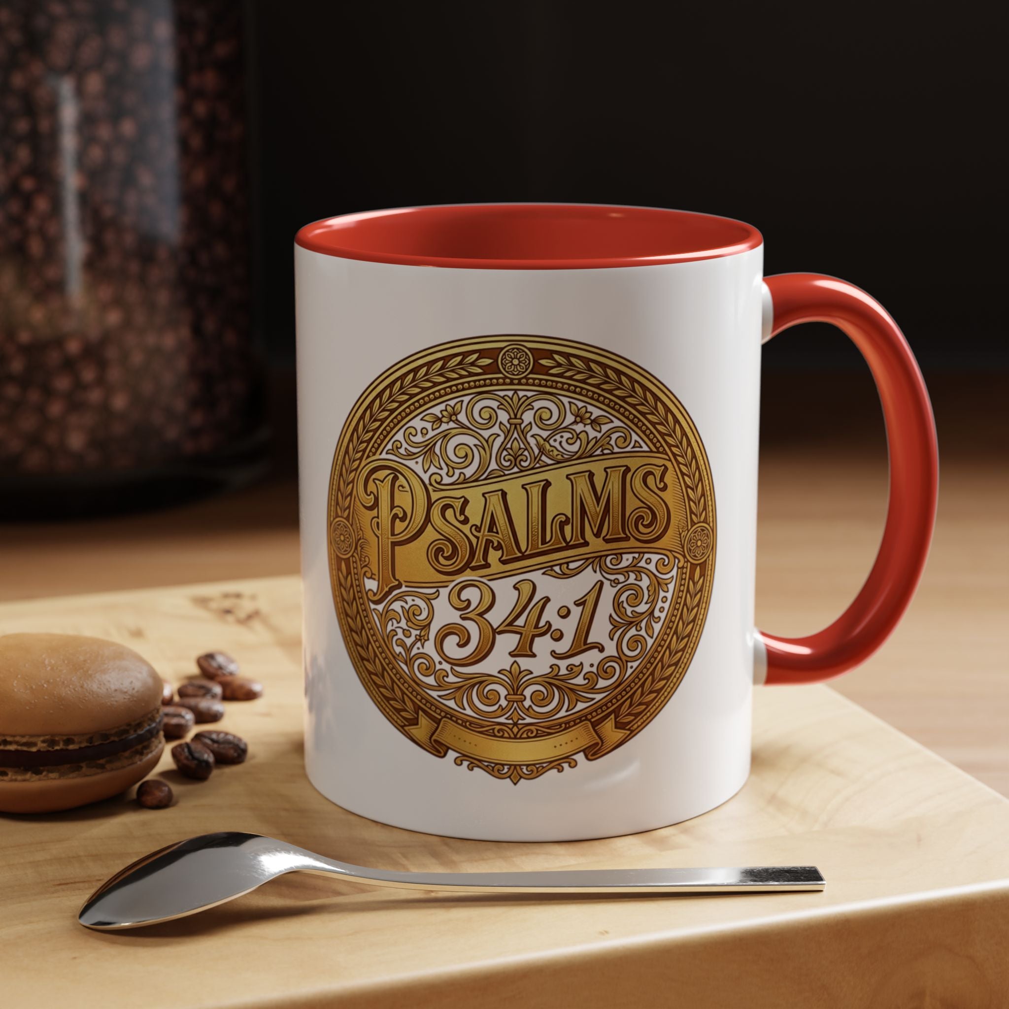 Inspirational Christian ceramic accent coffee mug featuring Psalm 34:1 in an ornate gold medallion design with colorful handle and interior accents.