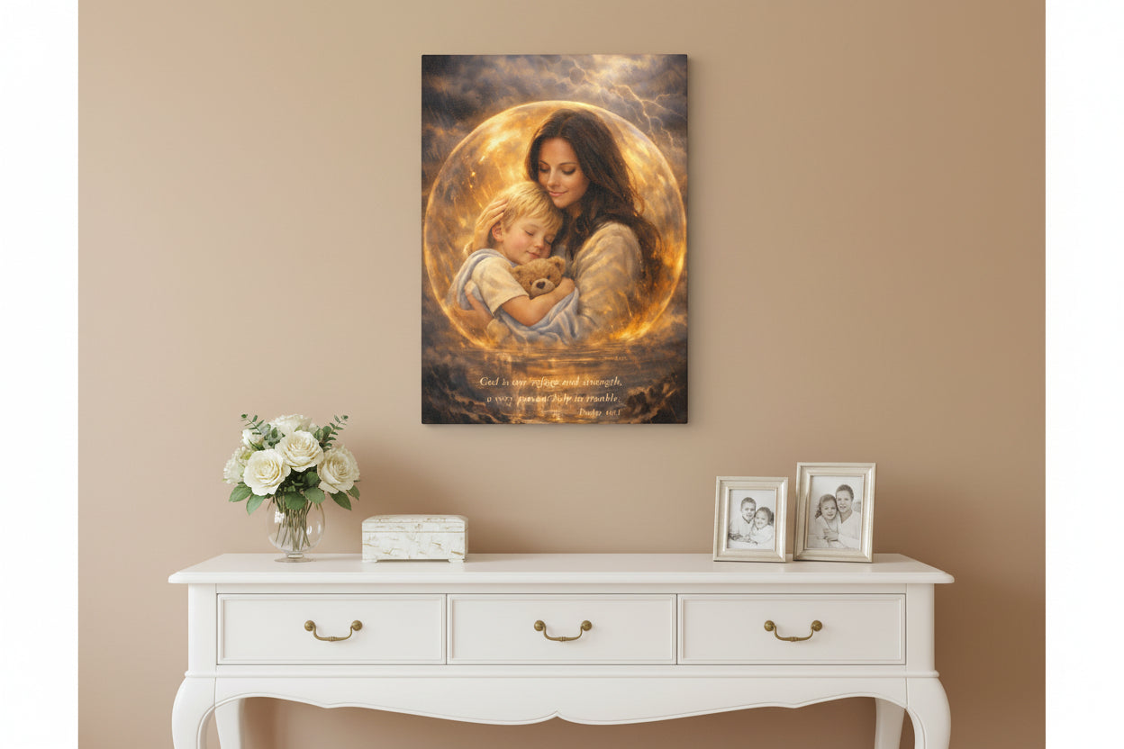 God Is Our Refuge and Strength – Canvas Wall Art | ❤️ Personalization Mother & Child Psalm 46:1